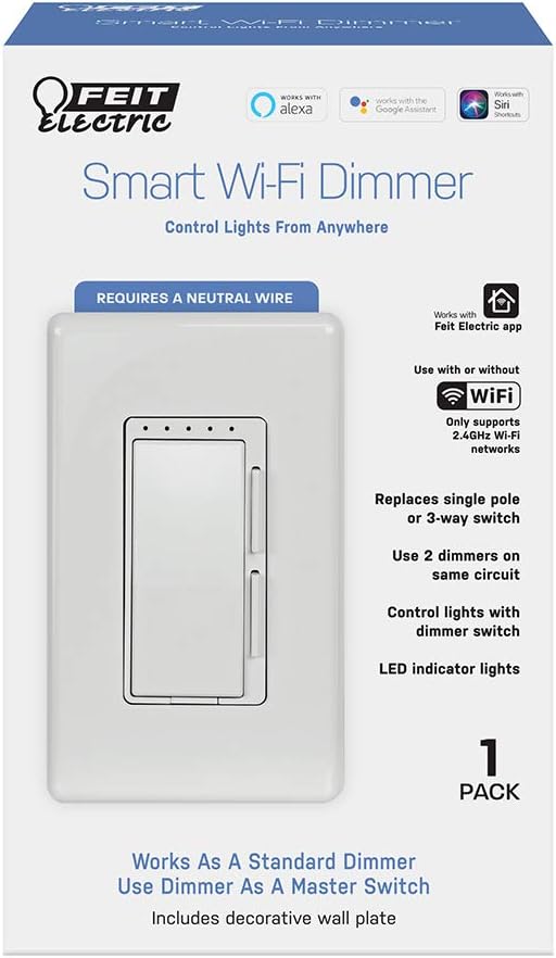 Feit Electric DIM/WiFi Compatible with Amazon Alexa and Google Assistant, Wiring is Required Smart Dimmer Light Switch, White, Model:DIM/WiFi