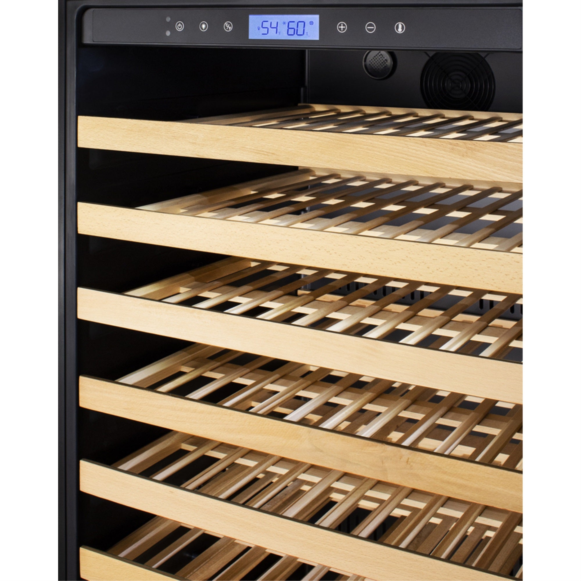 Summit Upright single-zone wine cellar with glass door, digital thermostat, and black cabinet