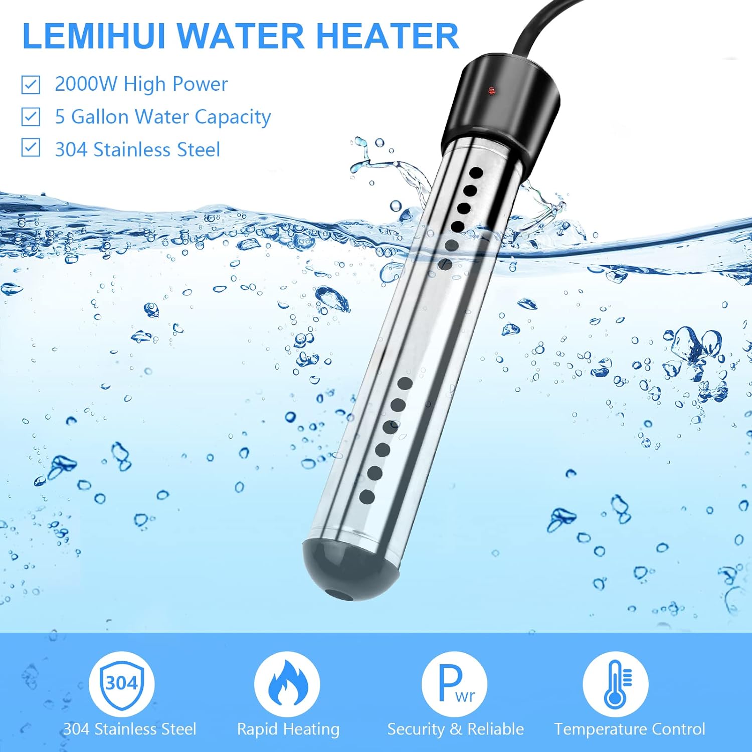 Generic Immersion Water Heater, 2000W Portable Bucket Water Heater with LCD Thermometer, Stainless Steel Guard Submersible Water Heater