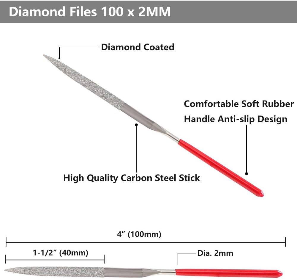 Yakamoz 10-Piece Mini Diamond Needle File Set 2x100mm Small Metal Riffler Files Jewelers File Precision Hand Tools for Glass Wo
