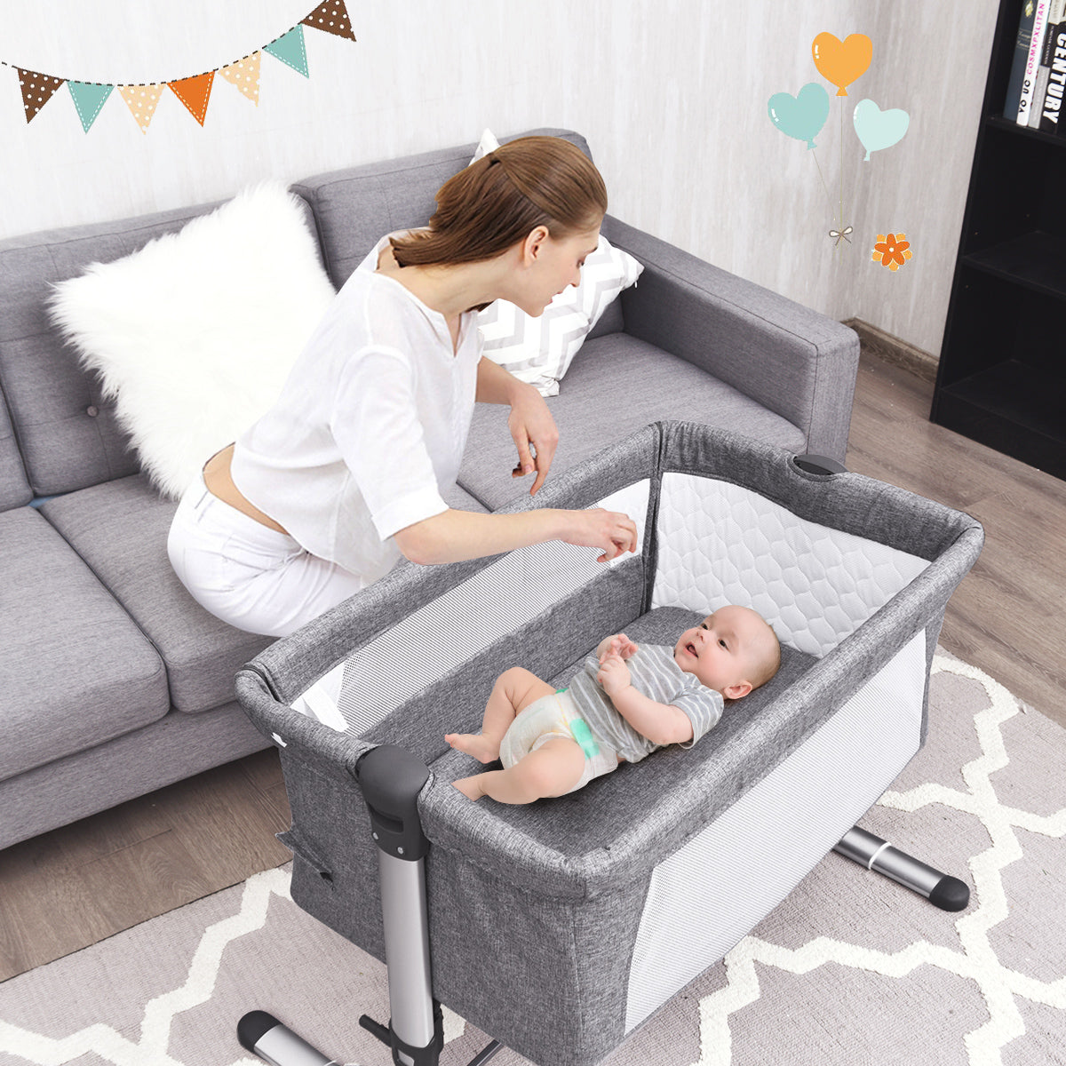 Costway Baby joy Portable Baby Bed Side Sleeper Infant Travel 10° Inclined Bassinet Crib W/Carrying Bag Grey