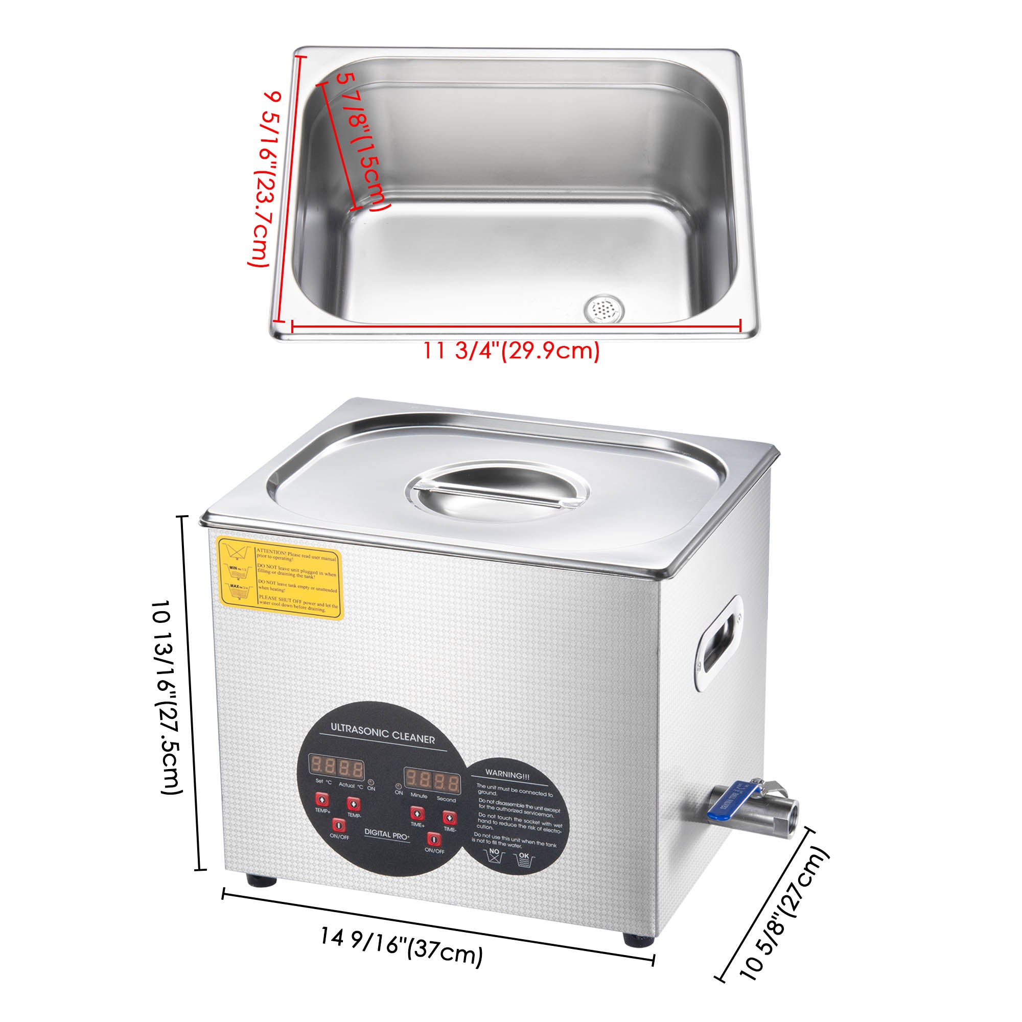 Yescom 10 Liter Stainless Steel Ultrasonic Cleaner Heater Timer Bracket Jewelry Lab Glasses