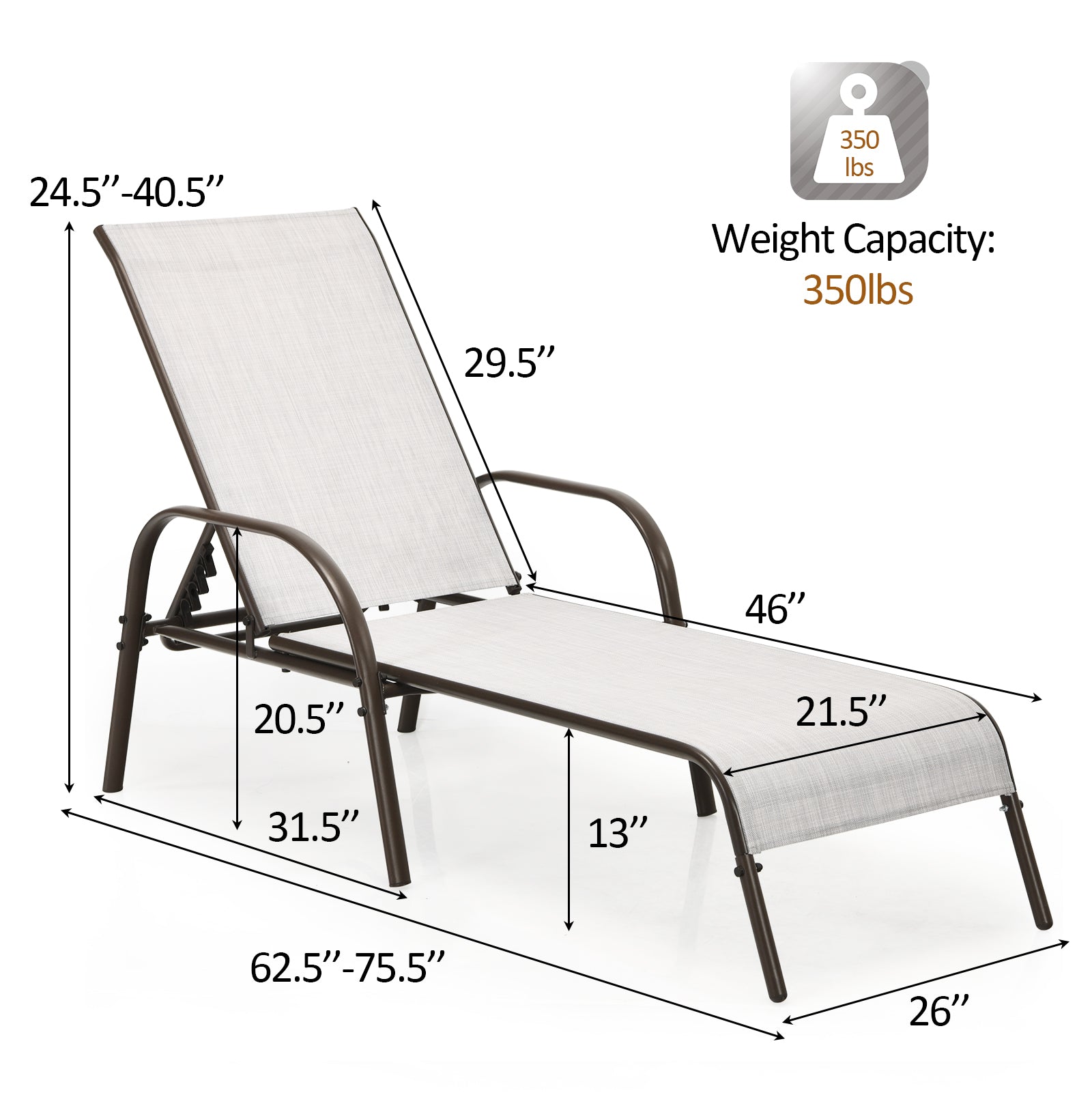 Topbuy Patiojoy 2 PCS Outdoor Chaise Lounge Chair Adjustable Reclining Bed with Backrest&a; Armrest Gray