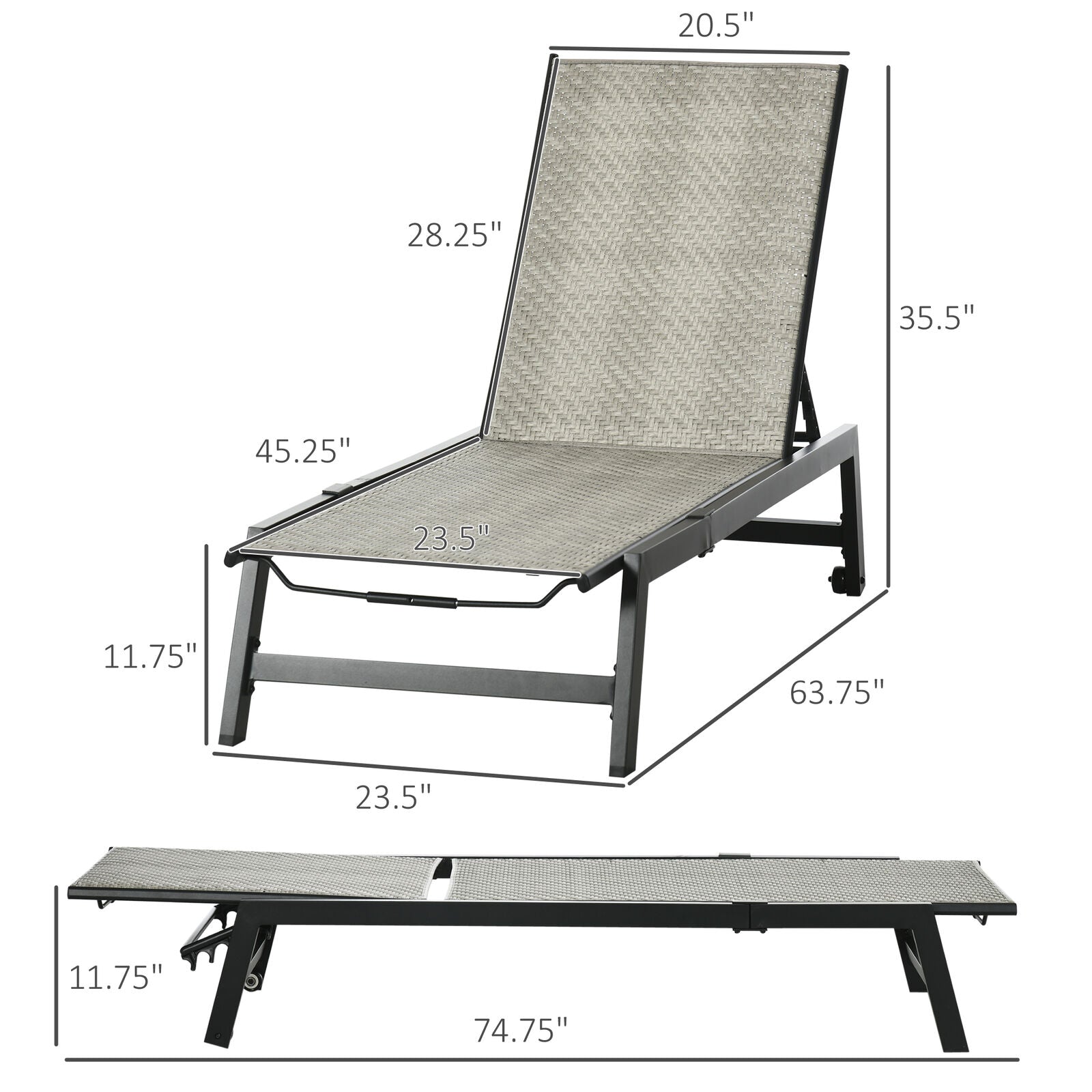 GCP Products Wicker Chaise Lounge W/ 5-Position Backrest Lounge Chair, Gray