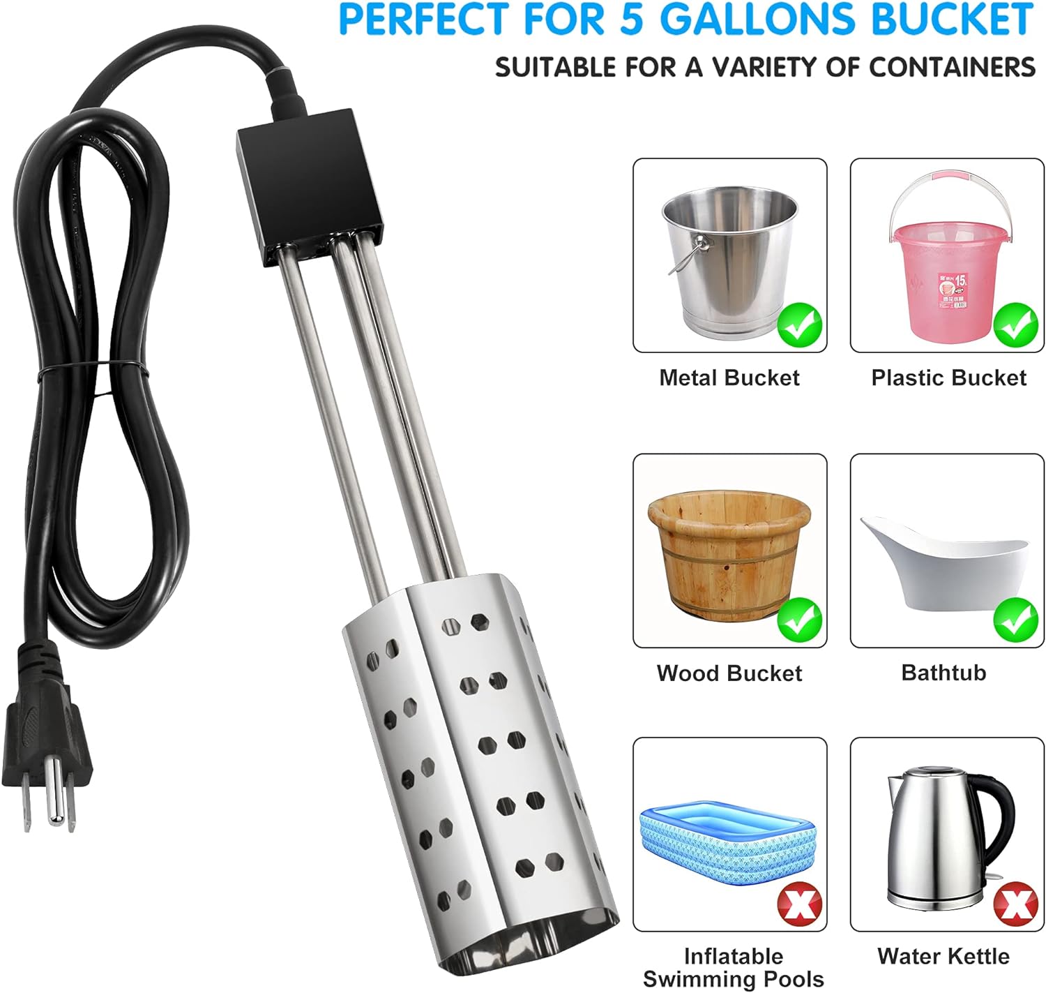 Gesail 1500W Electric Immersion Heater, Bucket Water Heater with 304 Stainless-steel Guard, Submersible Bucket Heater with Thermostat