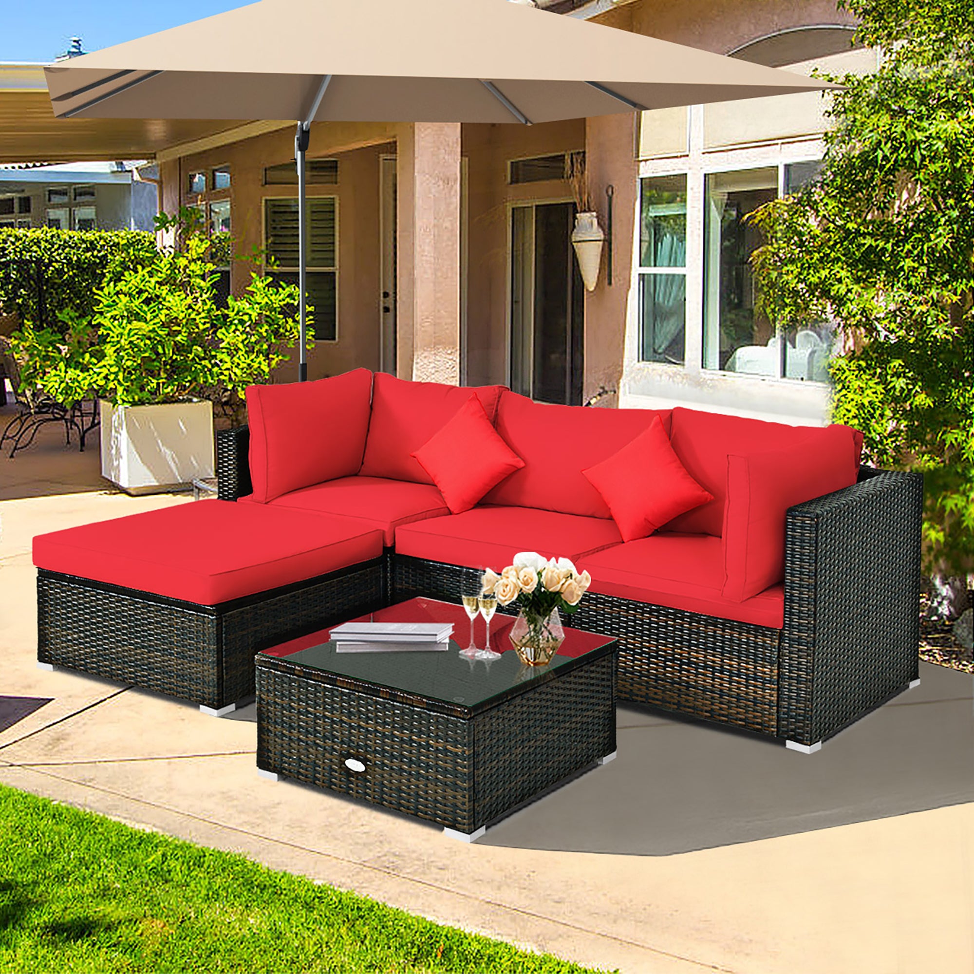 Costway 5PCS Outdoor Patio Furniture Set Sectional Conversation W/Red Cushions