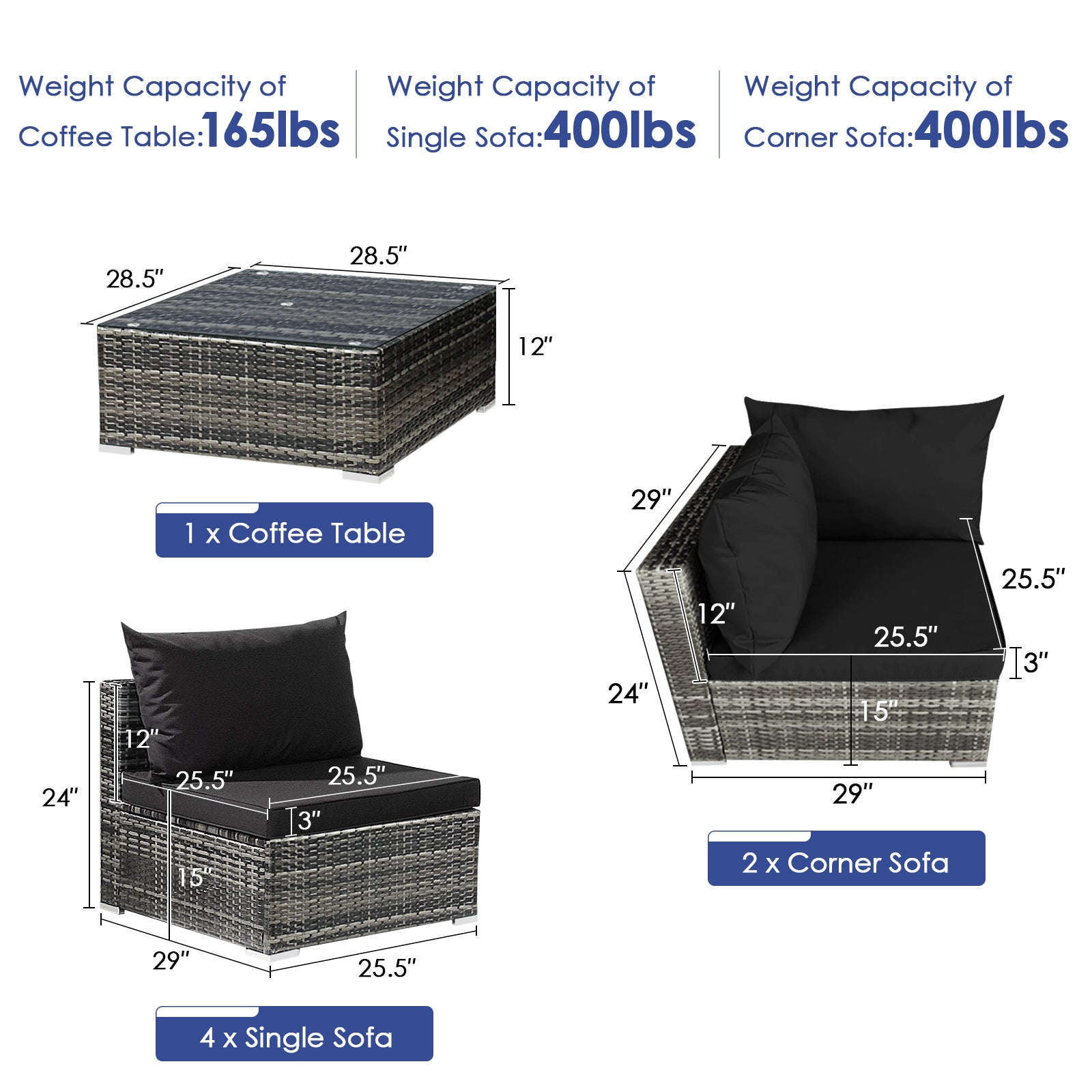 Topbuy Patiojoy 7 PCS Outdoor Patio Furniture Set All-Weather PE Rattan Sofa Set w/Coffee Table &a; Cushions Black