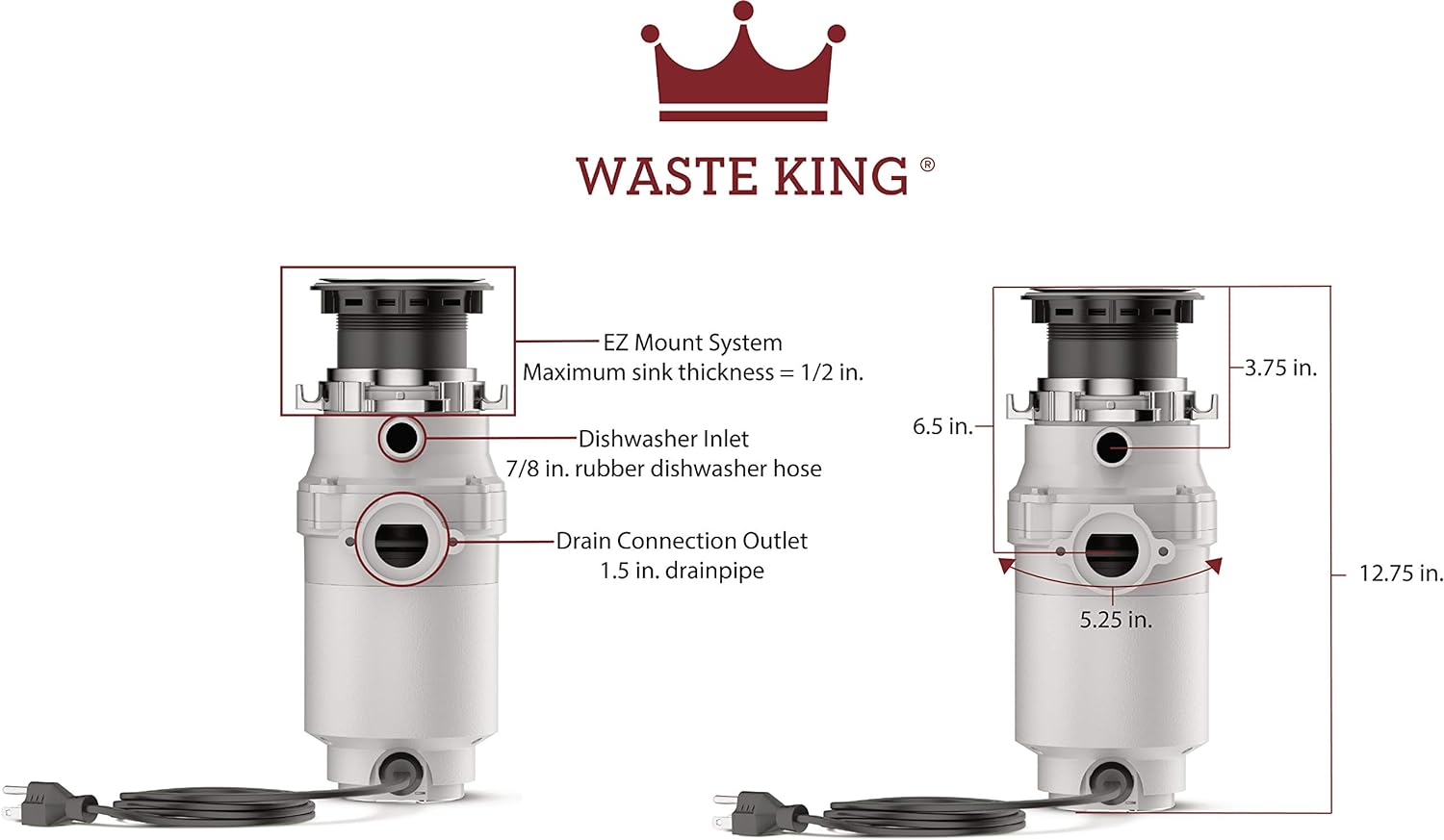 Waste King L-111 Garbage Disposal with Power Cord, 1/3 HP , Gray