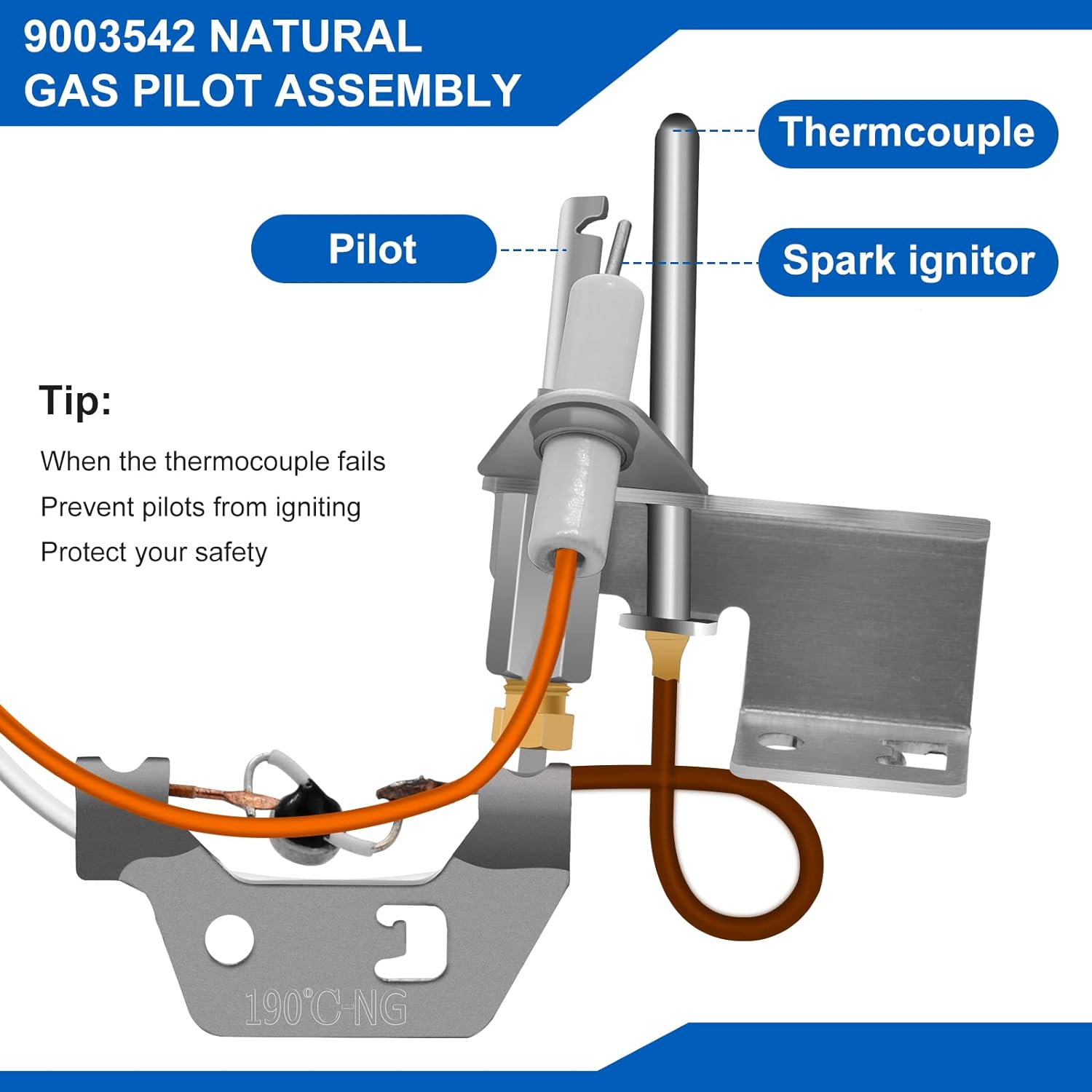 KILILIUN 9003542 NAT Gas Pilot Assembly Upgraded,190-Degree CPilot for 100109295, 9003542005, 18324-190 Water Heater Pilot Assembly Comp