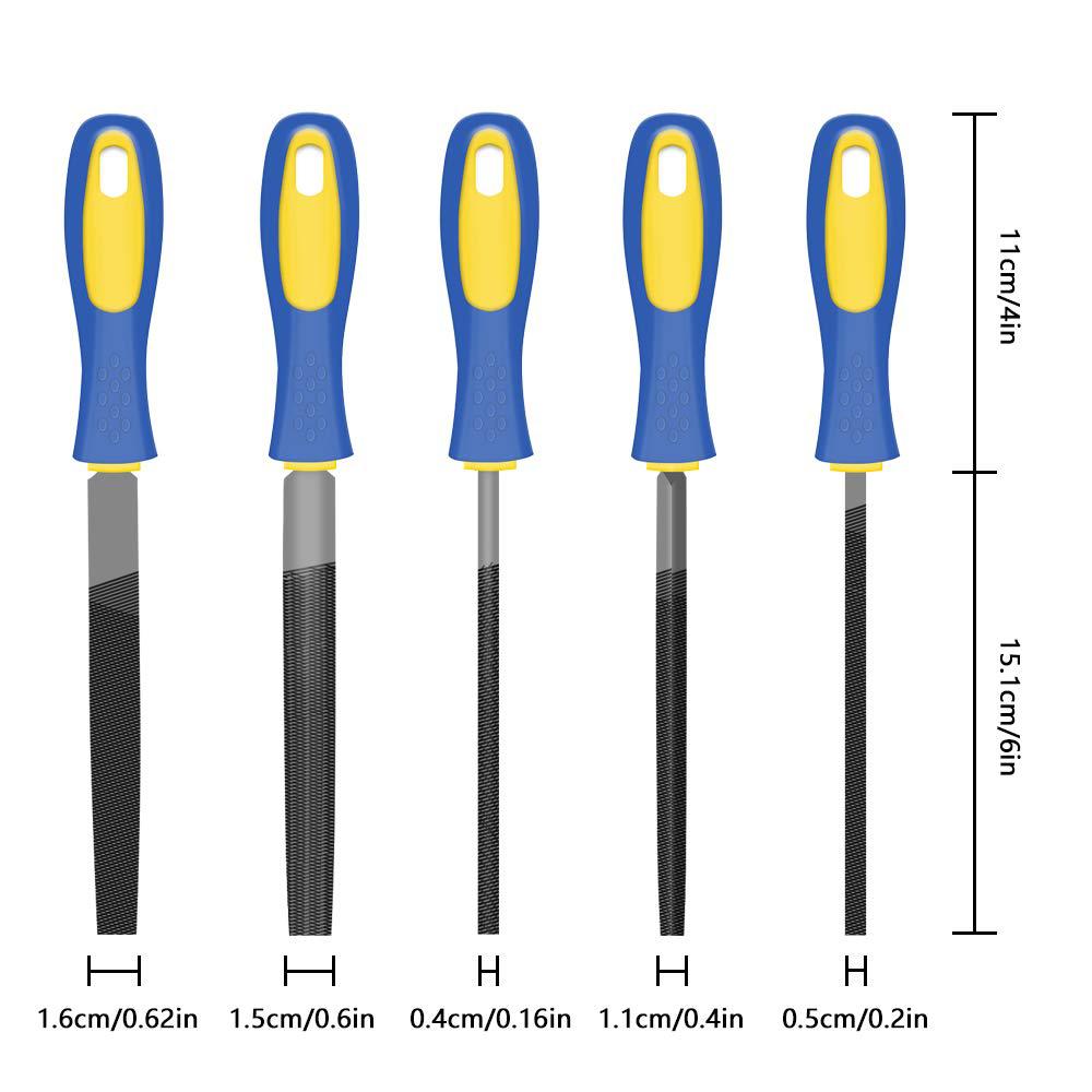 kalim 5pcs 6&s;&s; high carbon steel file, rasp set with soft rubber non-slip handle, round/half round/flat/triangle/squre, grind