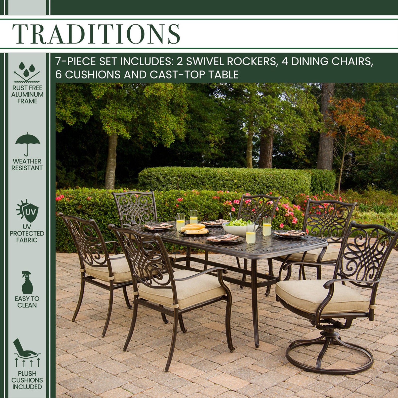 Hanover Traditions 7pc. Outdoor Aluminum Dining Set with 2 Swiveling Chairs - Brown