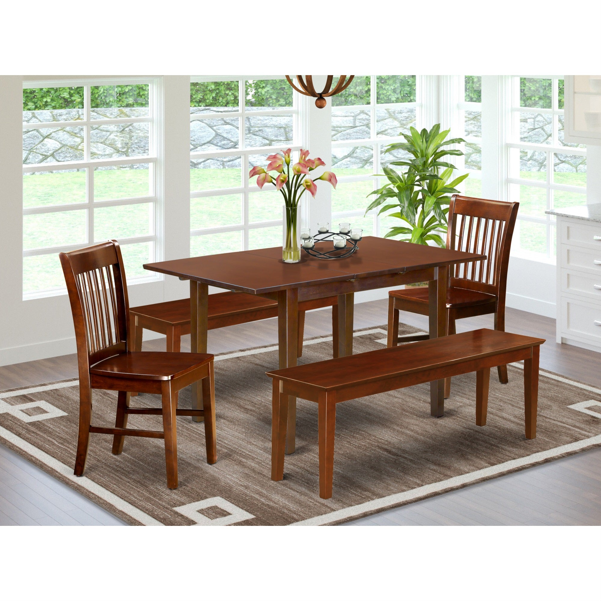 East West Furniture NOFK5C-MAH-W 5 Pc Kitchen Table with bench set - Table plus 2 Kitchen Chairs and 2 Benches