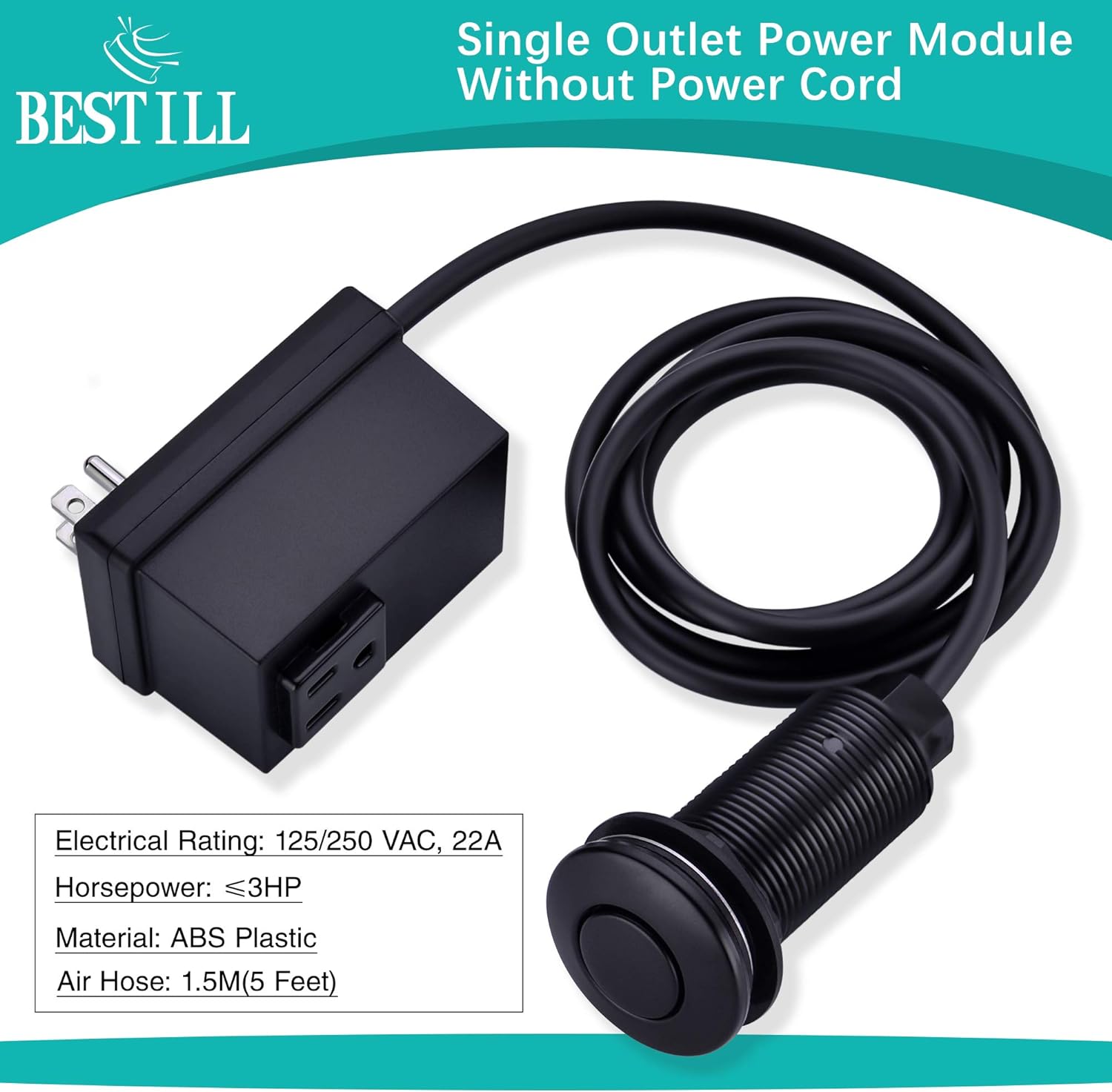BeStill Garbage Disposal Sink Top Air Switch Kit with Single Outlet, Matte Black (Long Push Button with Brass Cover)