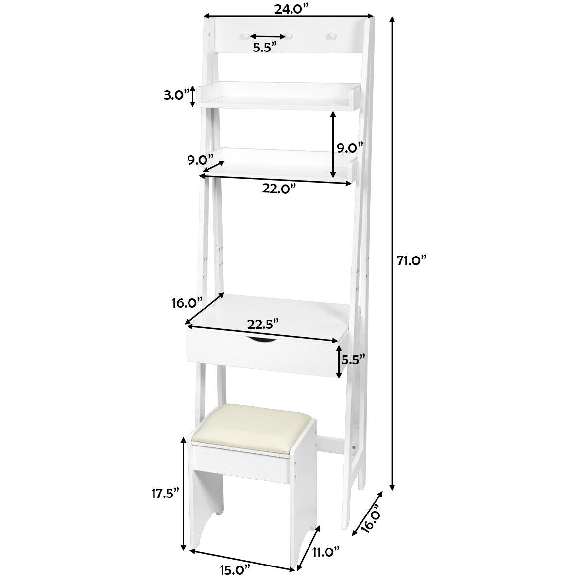 Great Choice Products Flip Top Mirror Vanity Makeup Dressing Table Set 3 Hook&a;2 Storage Shelf Utility