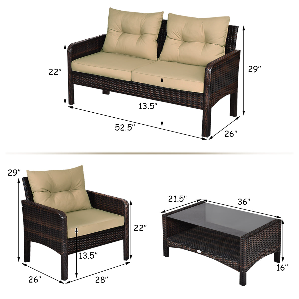 Costway 4PCS Patio Rattan Furniture Set Loveseat Sofa Coffee Table Garden W/ Cushion