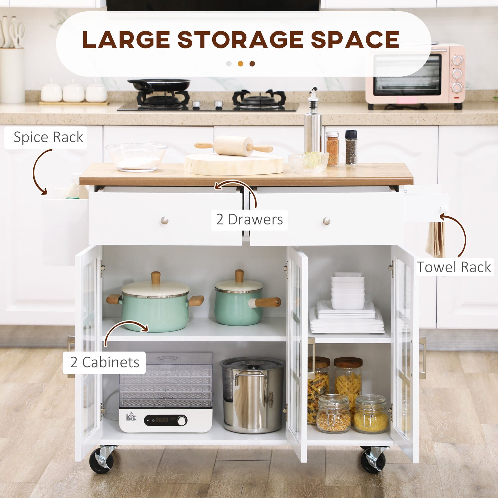 GCP Products Kitchen Island On Wheels With Drawers, Cupboards, Towel Rack