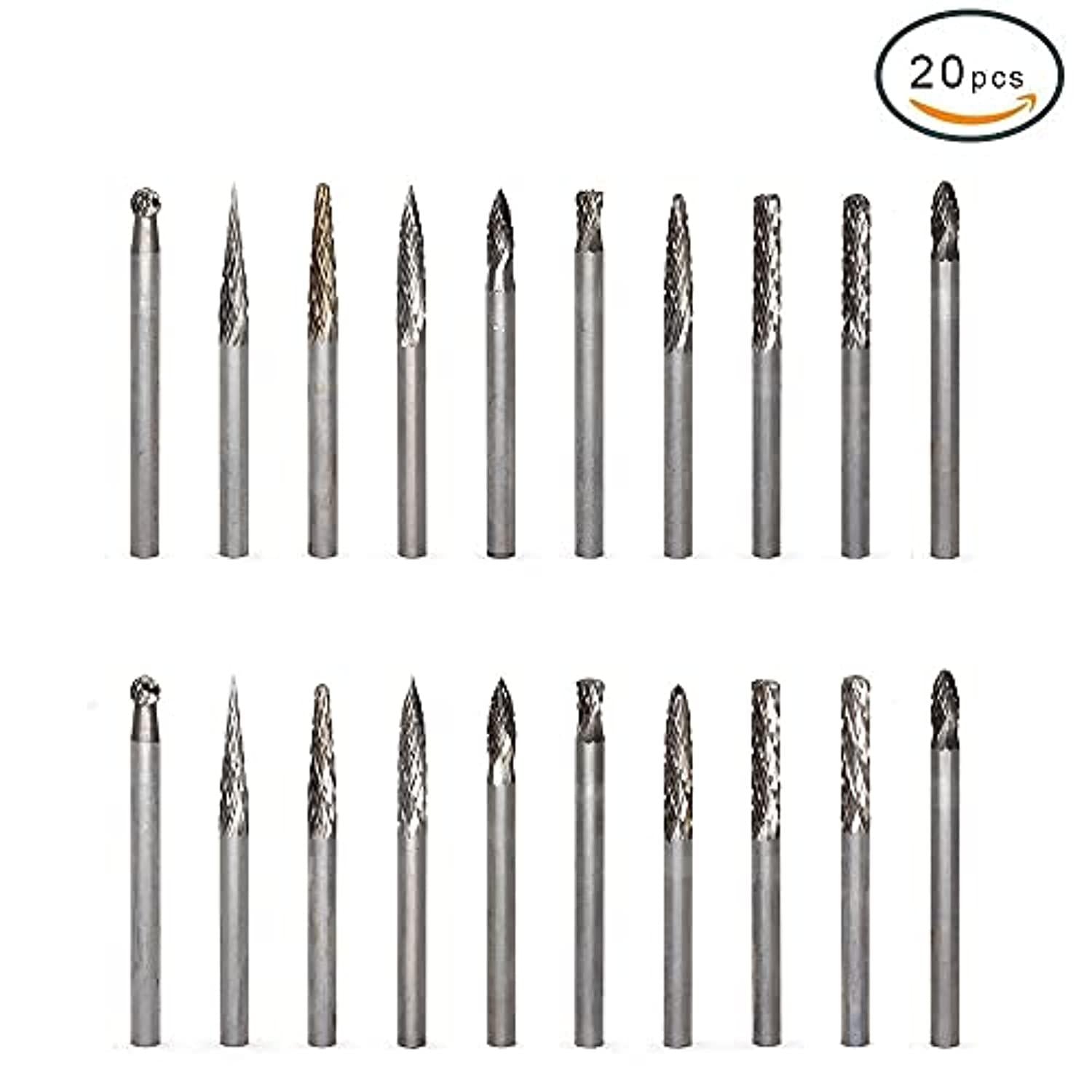 yufutol 20pcs solid carbide burr set 0.118???3mm?shank tungsten carbide rotary files burrs with 3mm cutting head diameter fit