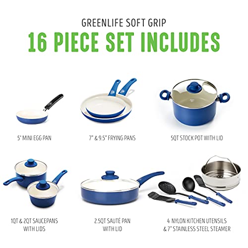 GreenLife Soft Grip Healthy Ceramic Nonstick, Cookware Pots and Pans Set, 16 Piece, Blue