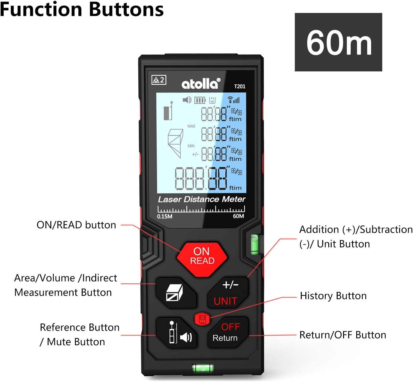 Atolla Laser Measure,  Laser Distance Meter (196Ft M/In/Ft) up to 60m/&a;#194;&a;#177;2mm Accuracy with Mute Function, Waterproof