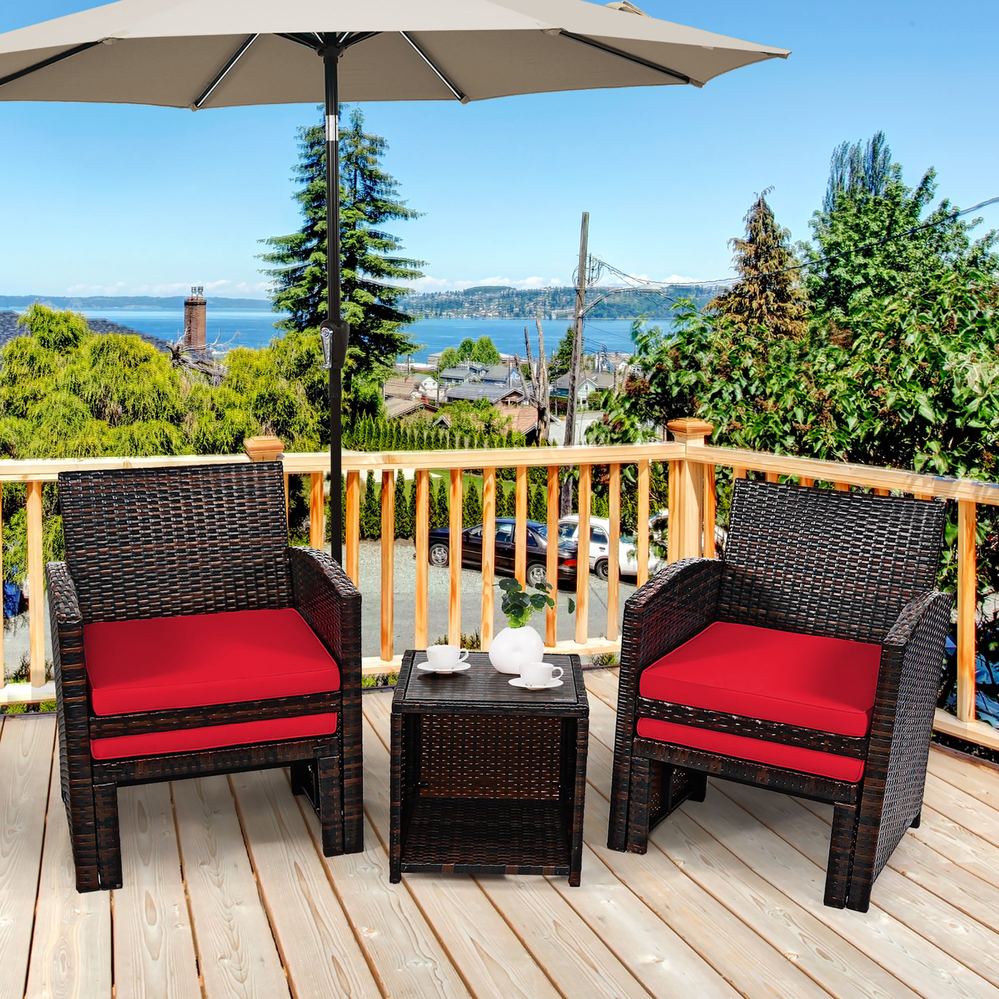 Costway 5PCS Patio Rattan Wicker Furniture Set Sofa Ottoman W/ Cushions Red