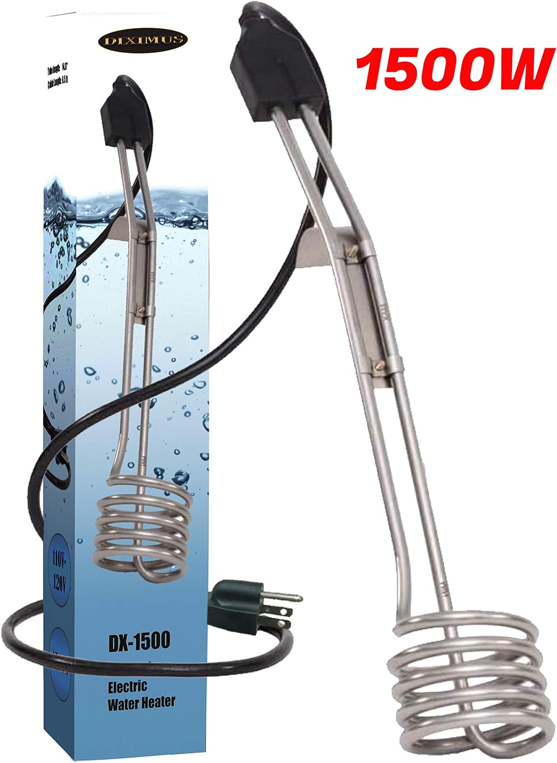 Diximus 1500W 110V Water Heater Portable Electric Immersion Element Boiler Travel for Bucket Pool Bathtub