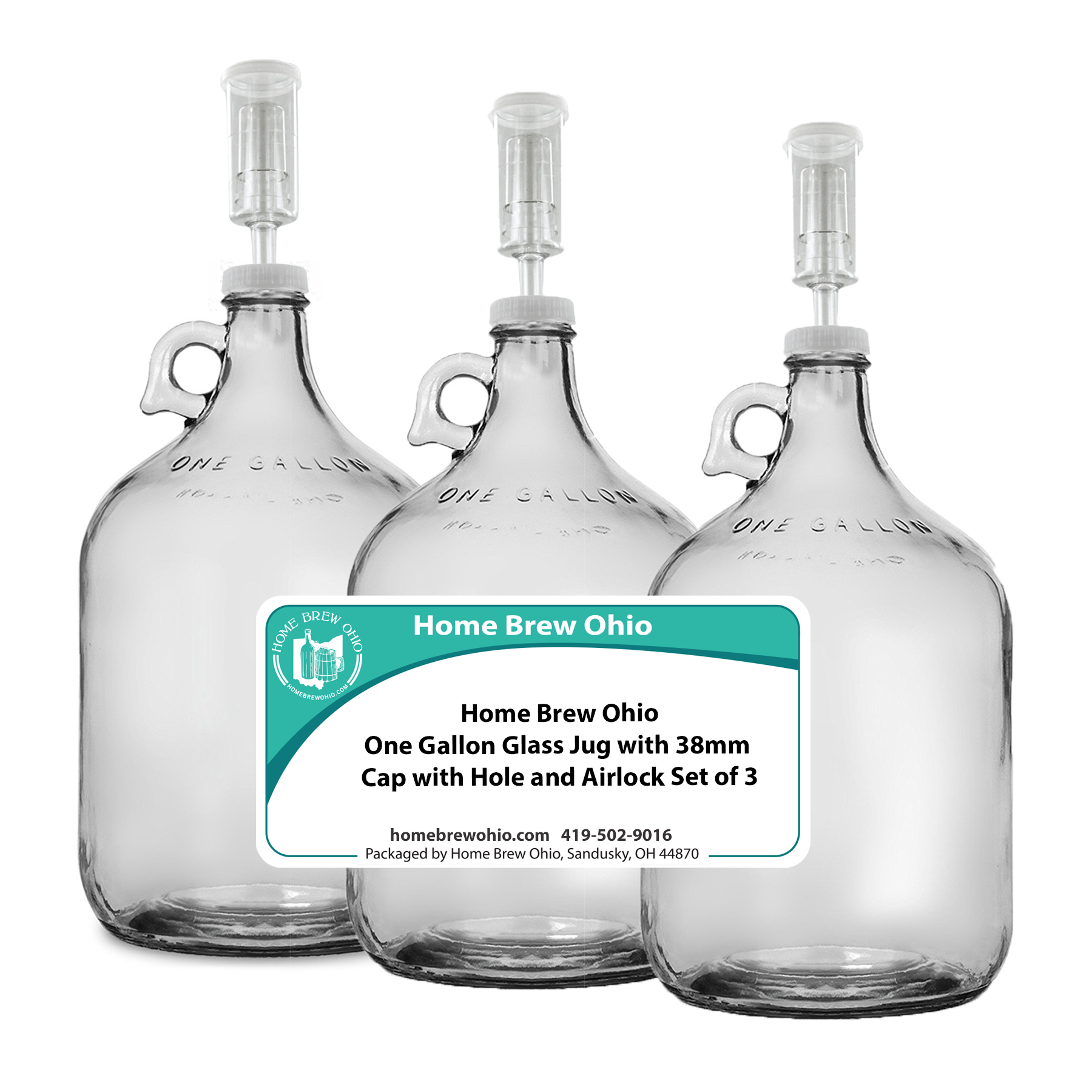 HOME BREW OHIO HOMEBREWOHIO.COM Home Brew Ohio One Gallon Glass Jug with 38mm Cap with Hole and Airlock Set of 3