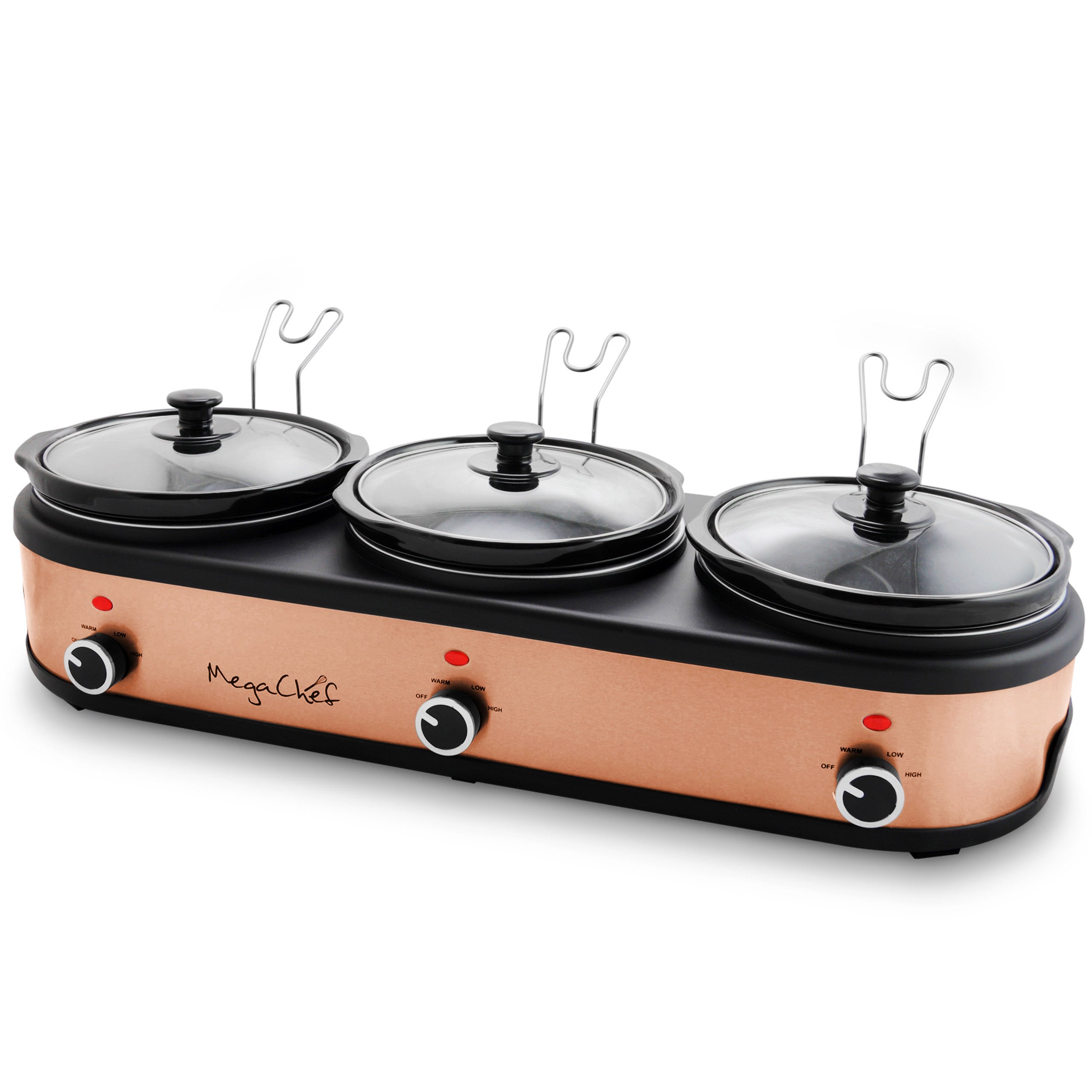 MegaChef Triple 2.5 Quart Slow Cooker and Buffet Server in Copper and Black with 3 Ceramic Cooking Pots and Removable Lid Rests