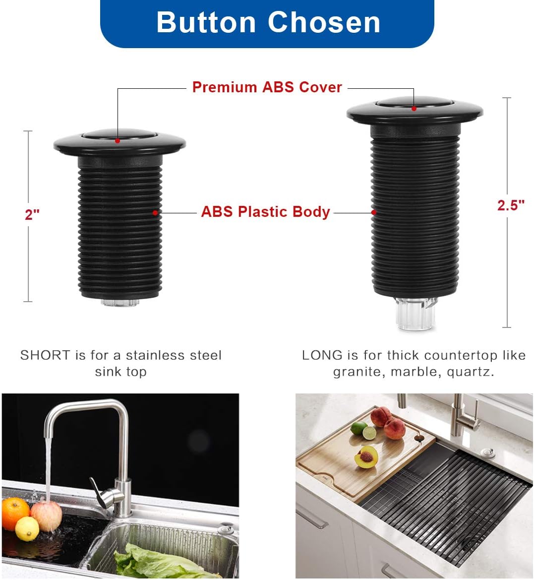 Cleesink Garbage Disposal Air Switch Kit Dual Outlet Sink Top Waste Disposer On/Off Switches with ABS Power Module Long Black Button