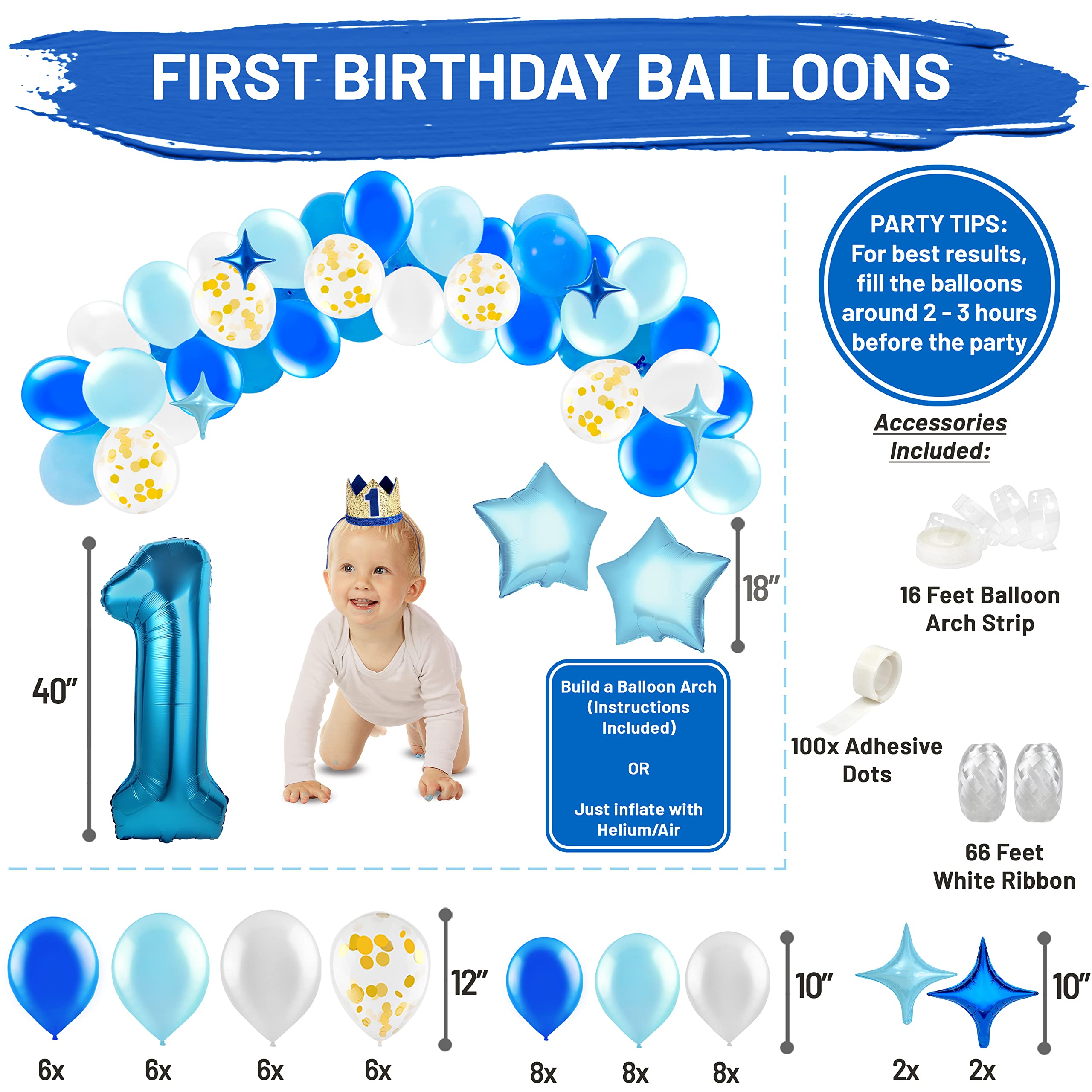 PartyHooman Baby Boy 1st Birthday Decorations With Birthday Crown - First Birthday Boy Decorations - Cake Smash Party Supplies - Happy Birth