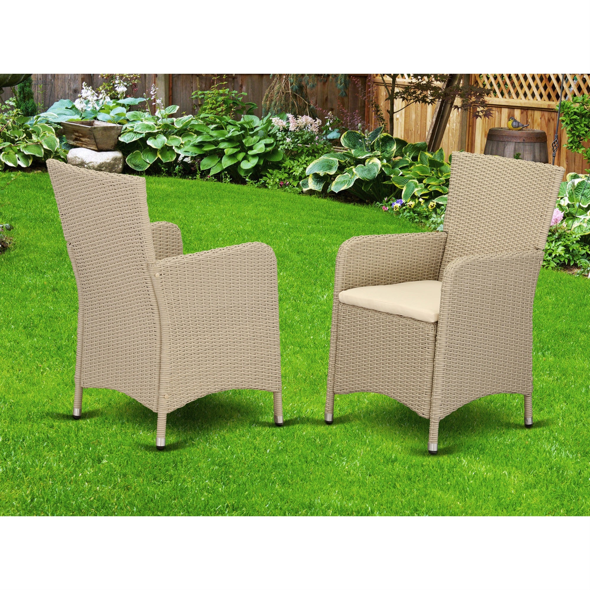 East West Furniture Set of 2 Chairs HLUC153V Outdoor-Furniture Wicker Patio Chair in Cream Finish
