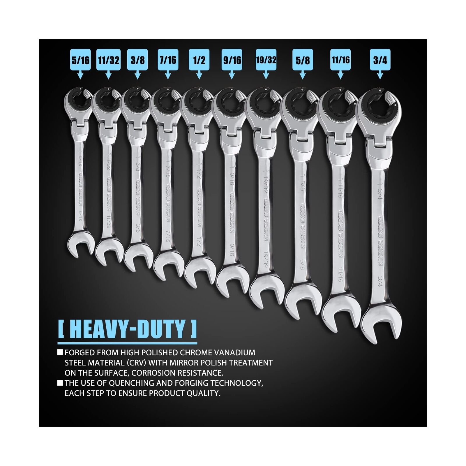 GCP Products &a;#12305;Sae Flex-Head Ratcheting Wrench Combination Wrench Set 10 Pcs/Set