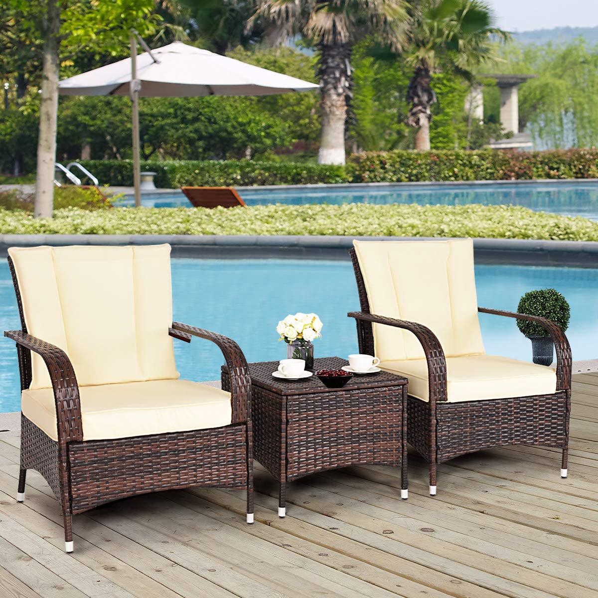 tangkula 3 piece patio furniture set, 2 wicker chairs with glass top coffee table, outdoor garden porch poolside furniture se