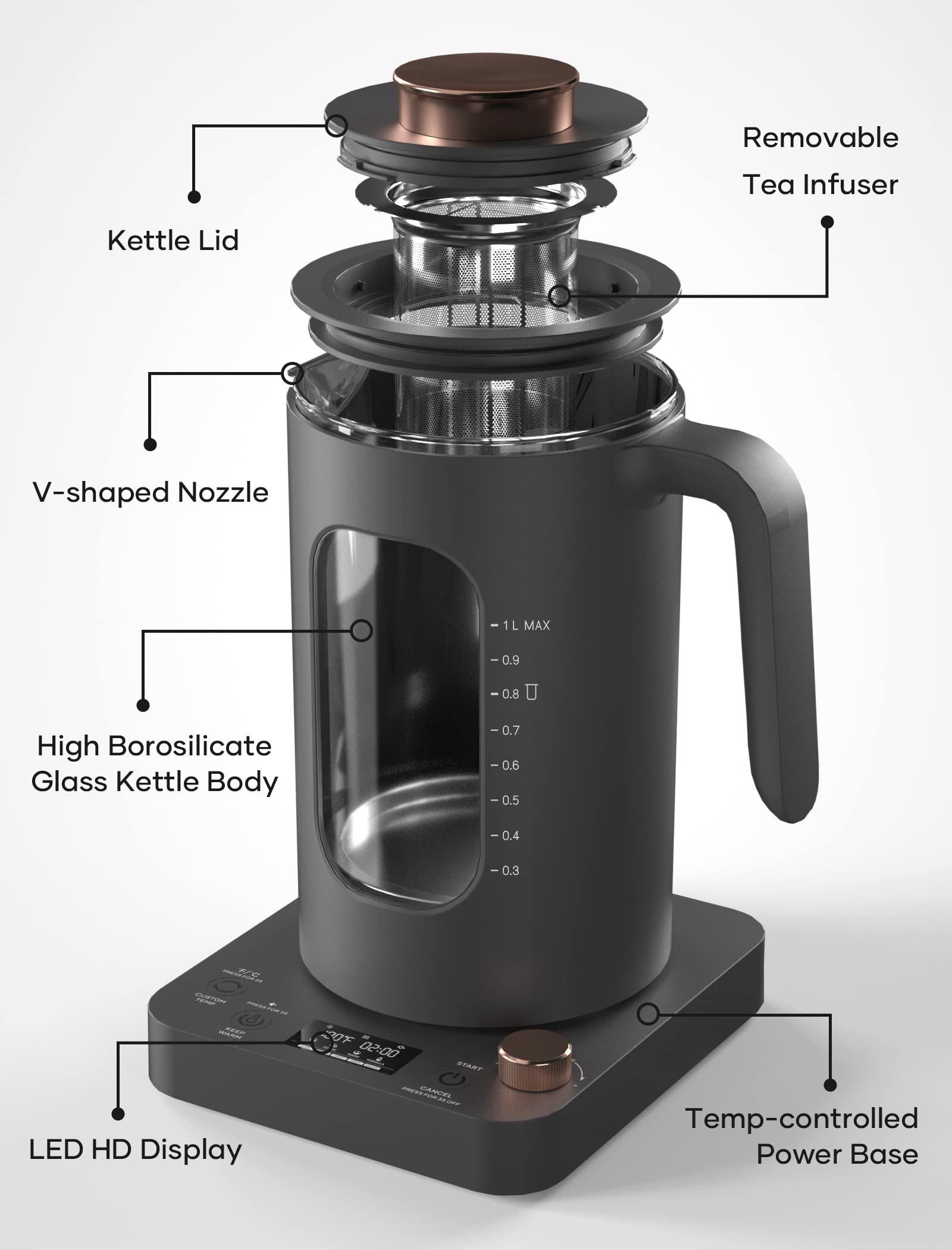 Intasting electric kettle, intasting wide opening glass kettle with tea infuser, 9 smart presets, auto memory, mute, 1200w fast heating