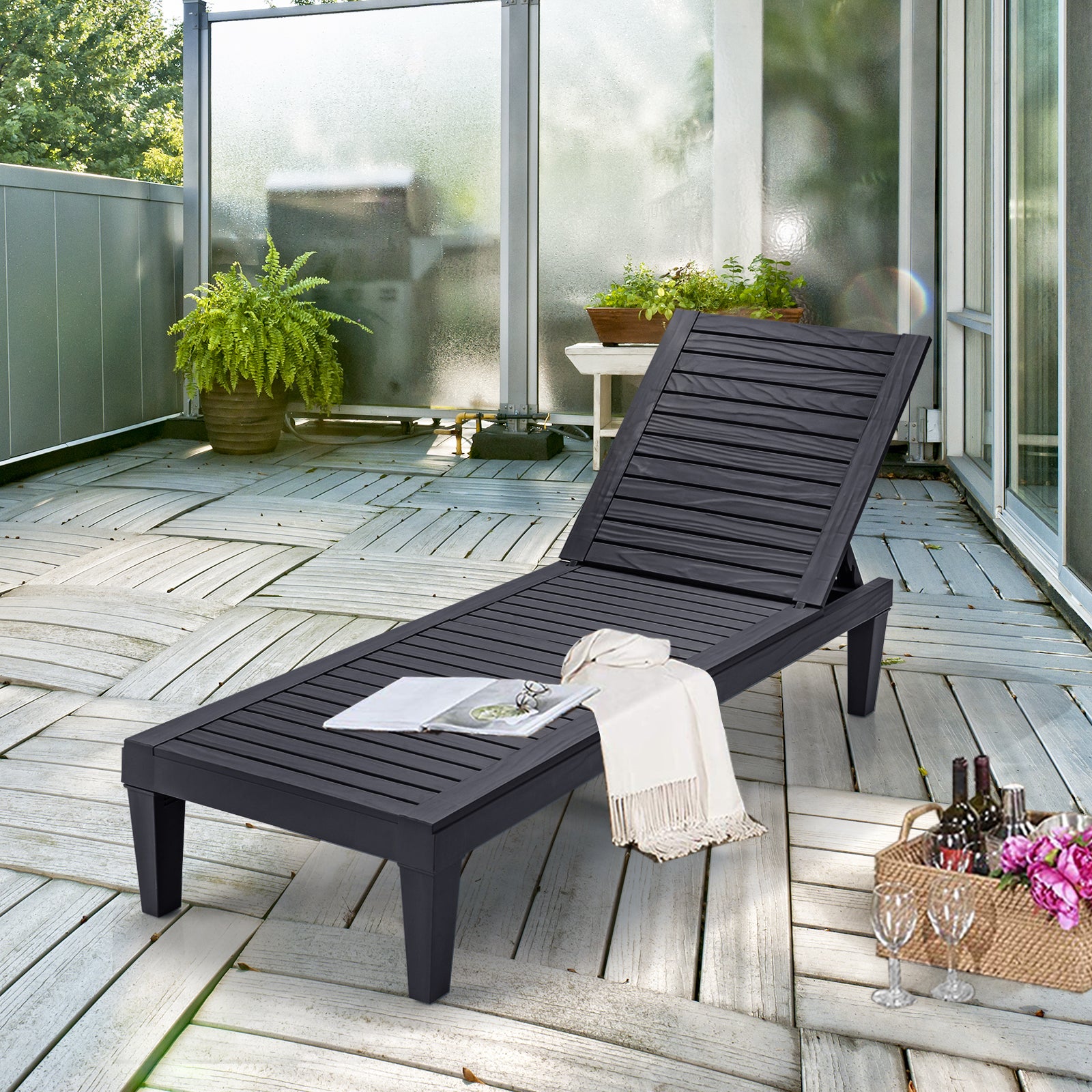 Topbuy Patiojoy Patio Lounge Chair Chaise Recliner Adjustable Backrest Outdoor&a;Indoor Black/Brown
