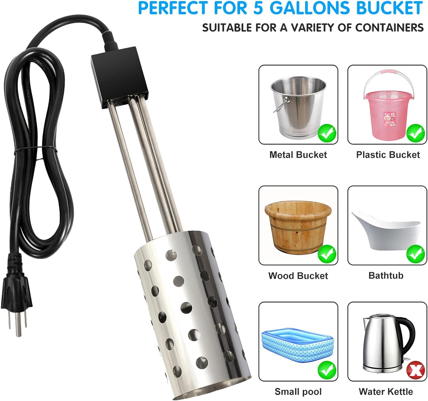 Gesail 1500W Immersion Heater, GESAIL Bucket Water Heater with 304 Stainless-Steel Guard, Submersible Bucket Heater with Thermostat an
