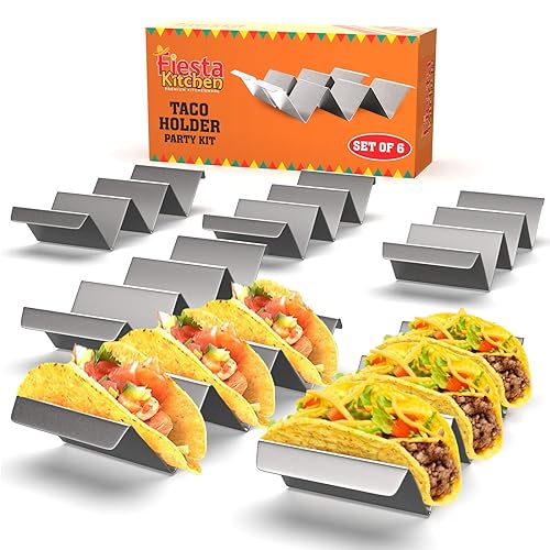 Fiesta Kitchen Taco Holder Stand - Set of 6 - Oven &a; grill Safe Stainless Steel Taco Racks With Handles - Fill &a; Serve Tacos Wit