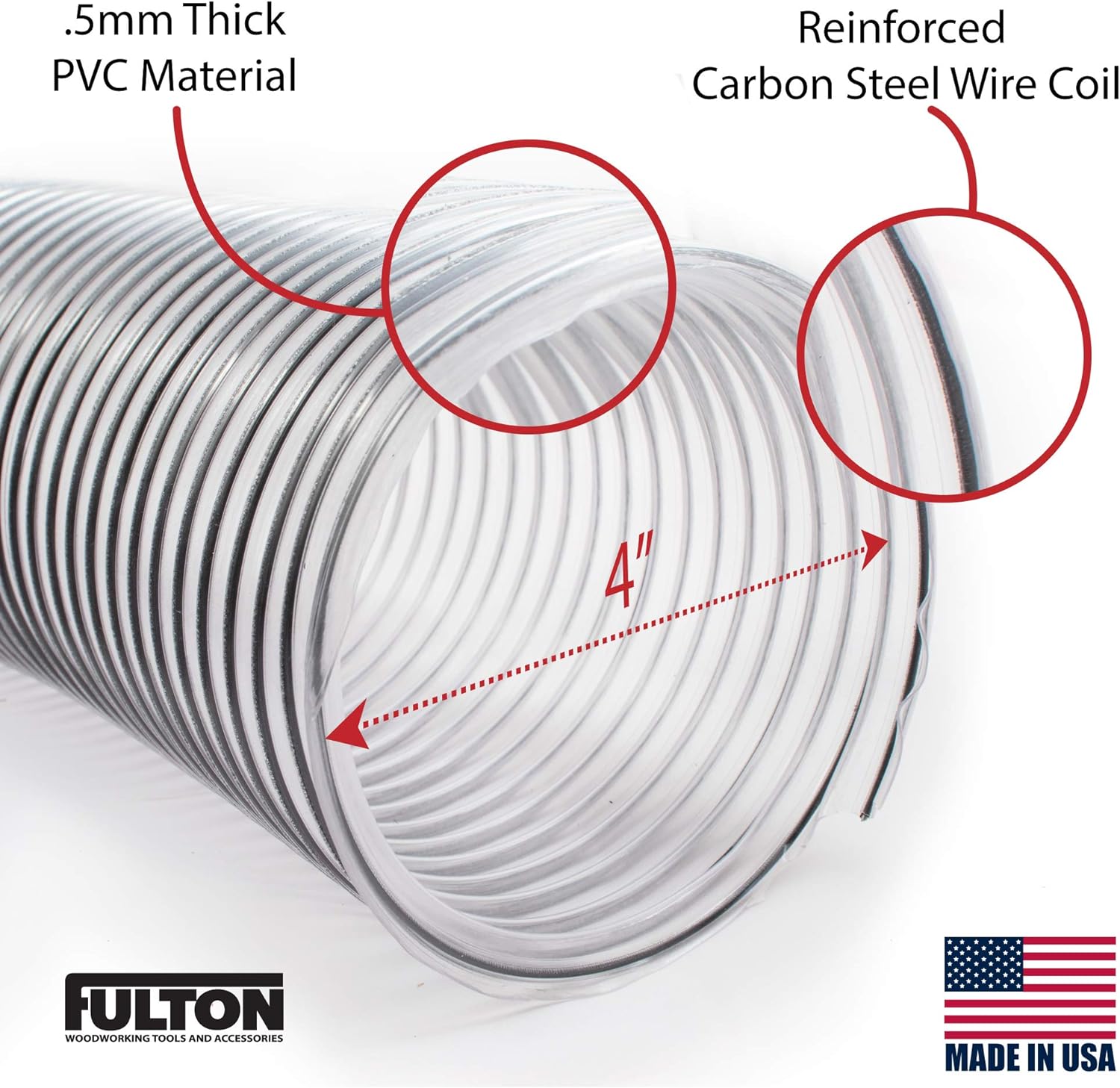 Fulton 4 inch diameter x 10 foot long Ultra Flex Clear Vue Heavy Duty PVC Dust Debris and Fume Collection Hose MADE IN USA!