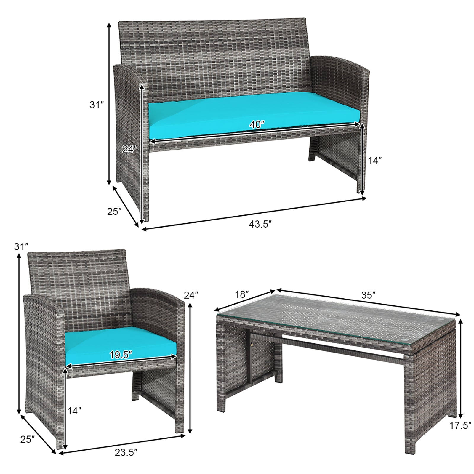 Topbuy 4pc. Rattan Wicker Outdoor Patio Furniture Set w/ Cushions - Turquoise