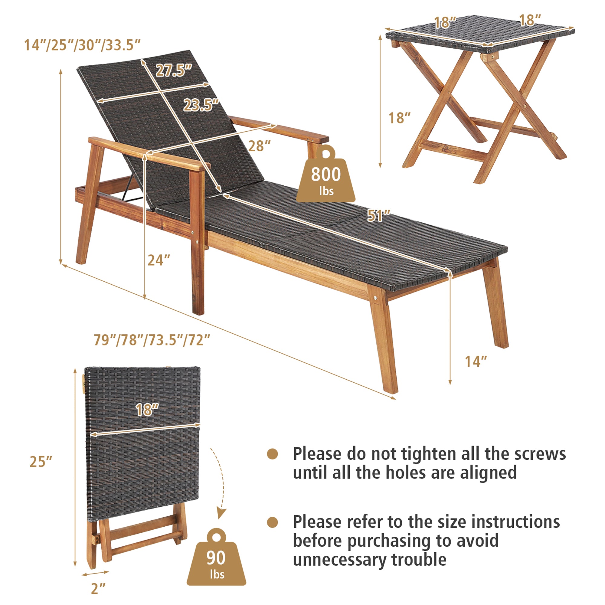 Gymax 2PCS Patio Lounge Chair Adjustable Recliner Chair Acacia Wood Frame Folding Table Set
