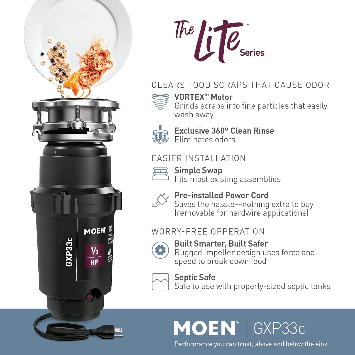 MOEN INCORPORATED Moen GXP33C Lite Series PRO 1/3 HP Continuous Feed Garbage Disposal, Power Cord Included , Black