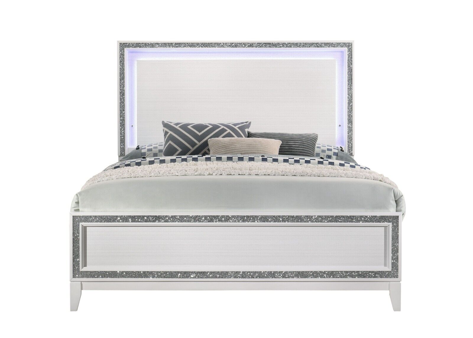 Esofastore White Finish Bedroom Set 3pc Classic Design Queen Panel Bed LED HB Nightstands Wooden Furniture