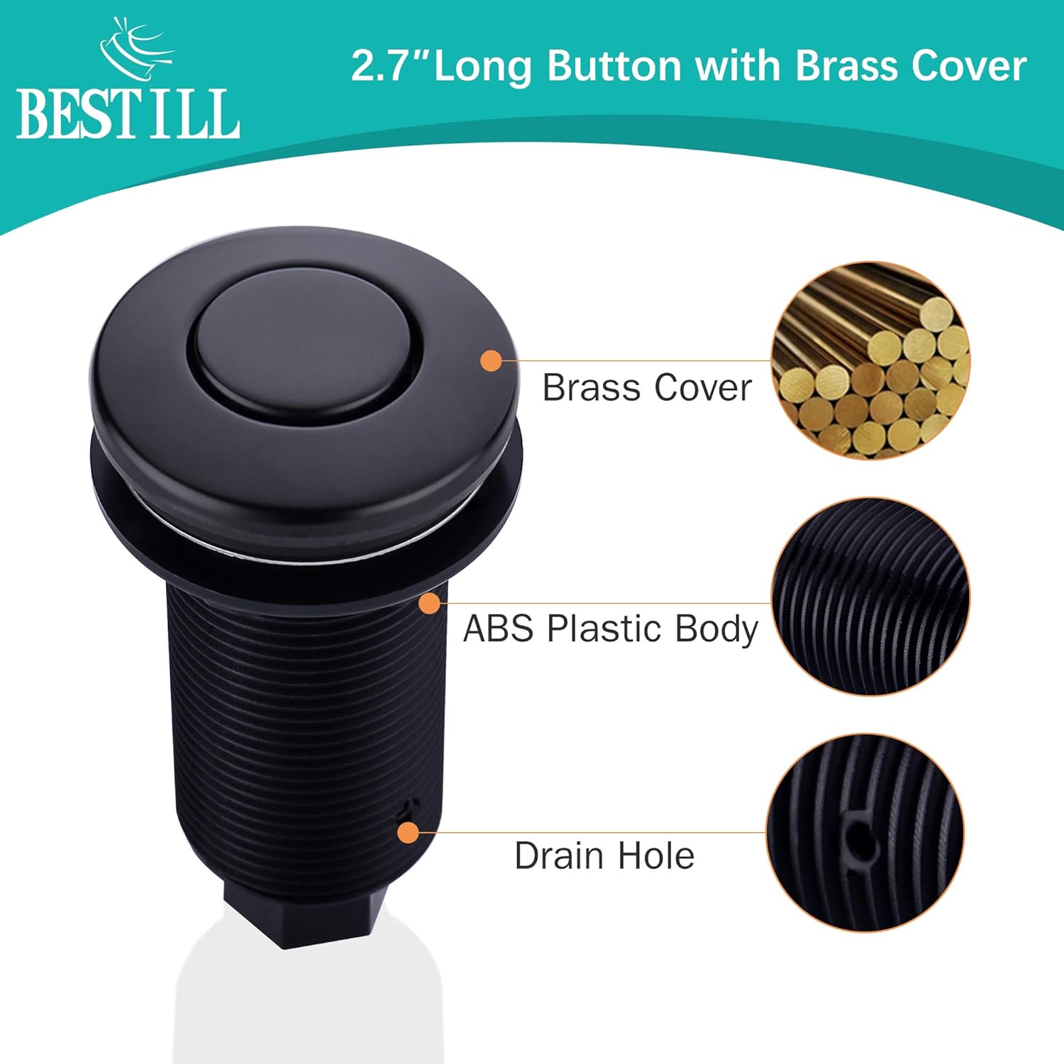 BeStill Sink Top Garbage Disposal Air Switch Button with Air Hose, Matte Black (Long Button with Brass Cover)