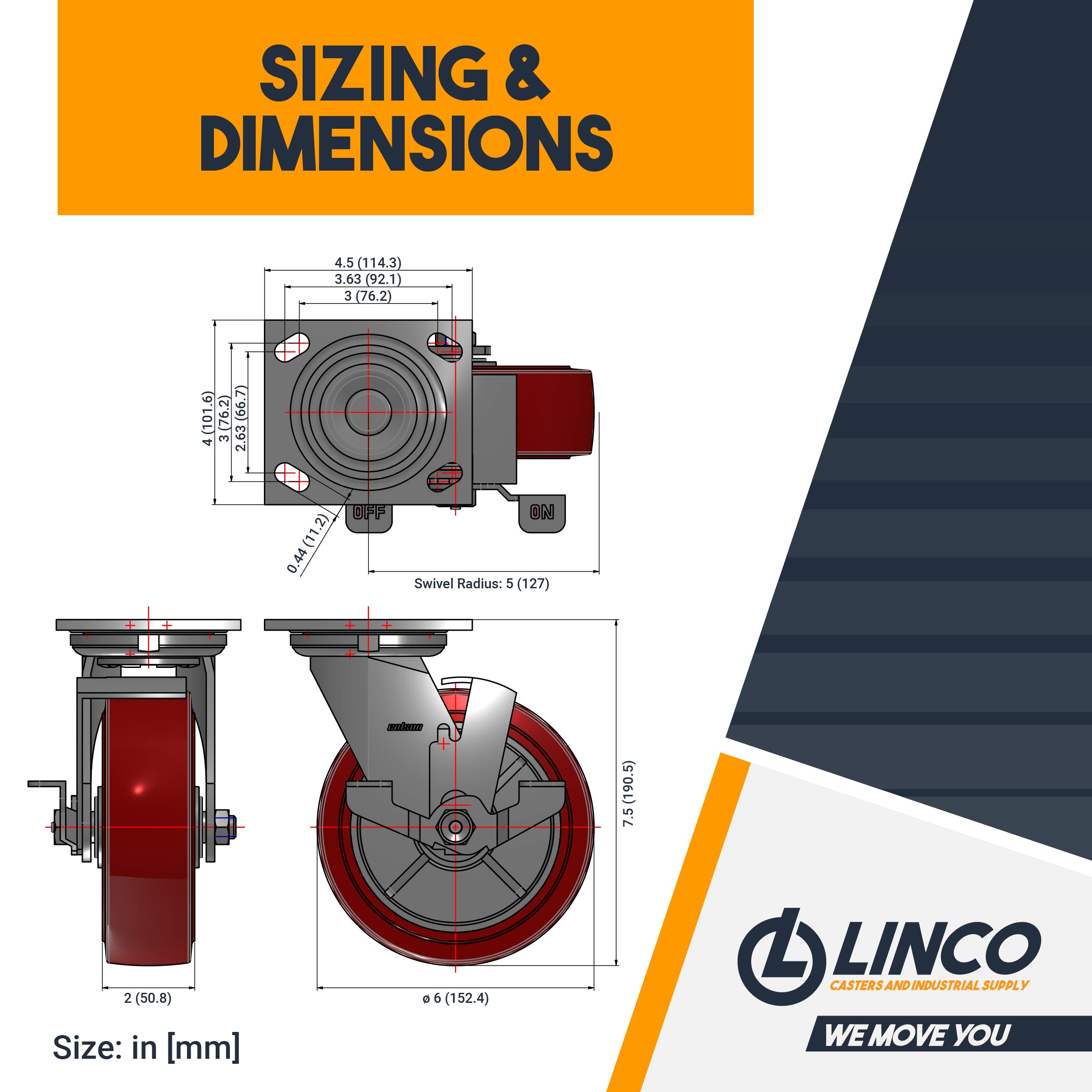 LINCO 6” Heavy Duty Casters - Set of 4 Polyurethane Swivel Caster Wheels, Industrial Casters for Utility Cart, Dollies - Capacit