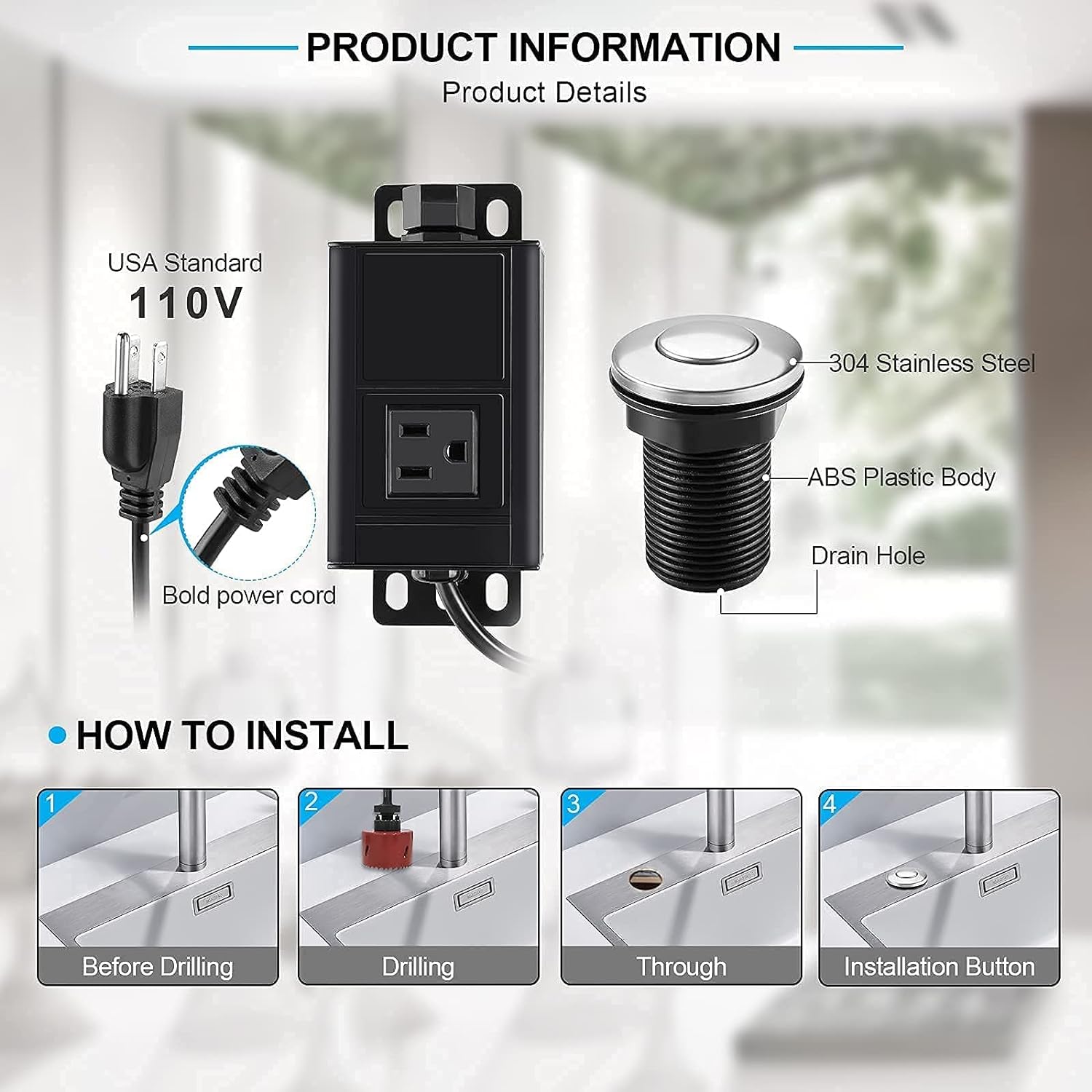 Generic HK Bundle - 2 Items Garbage Disposal Air Switch Kit with Power Cord Kit, Sink Top Waste Disposer Stainless Steel On/Off Push 2.