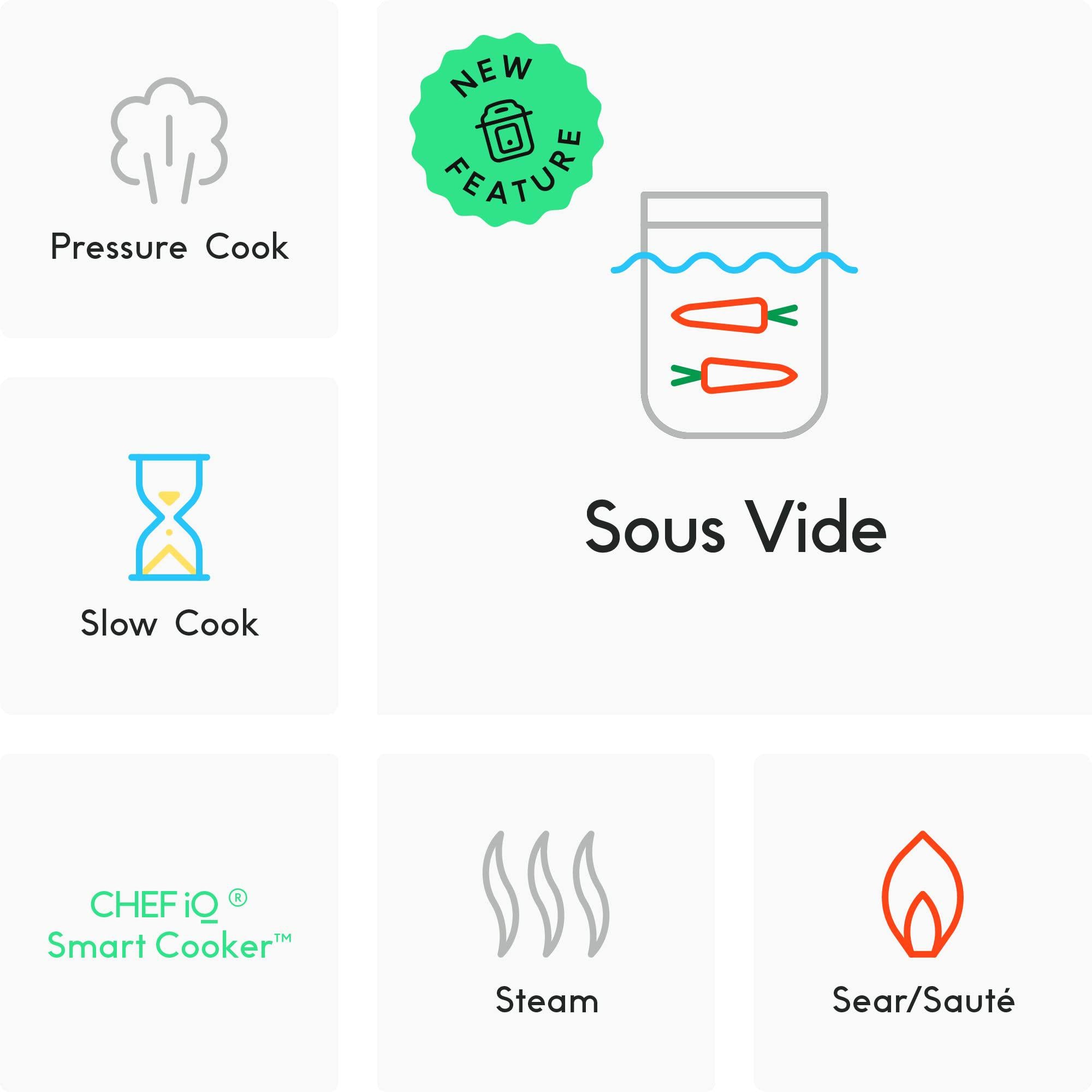 chef iq smart pressure cooker 10 cooking functions &a; 18 features, built-in scale, 1000+ presets &a; times &a; temps w/app for 600