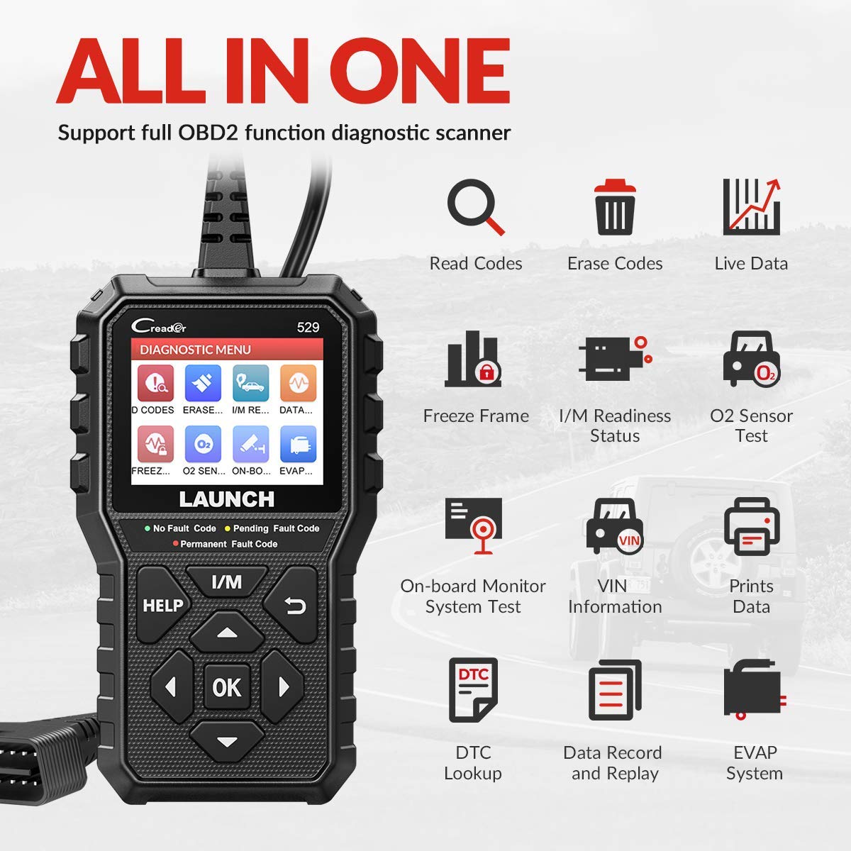 LAUNCH Code Reader OBD2 Scanner CR529 Car Diagnostic Scan Tool Turn Off Check Engine Light, Pass Emission Test