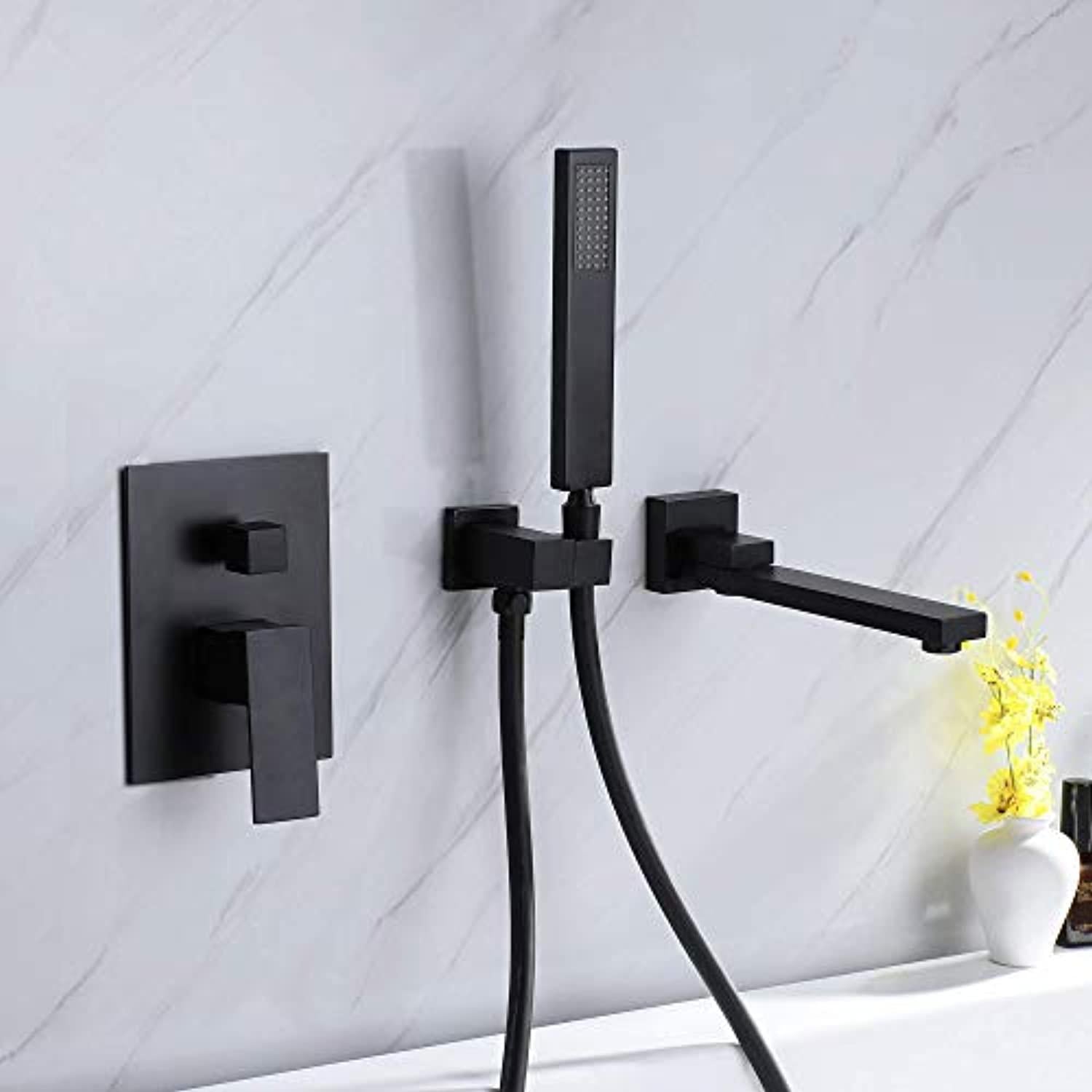 DEOLER wall mounted bathtub faucet with hand shower matte black, wall mount tub filler faucet solid brass, 180 swivel tub spout with