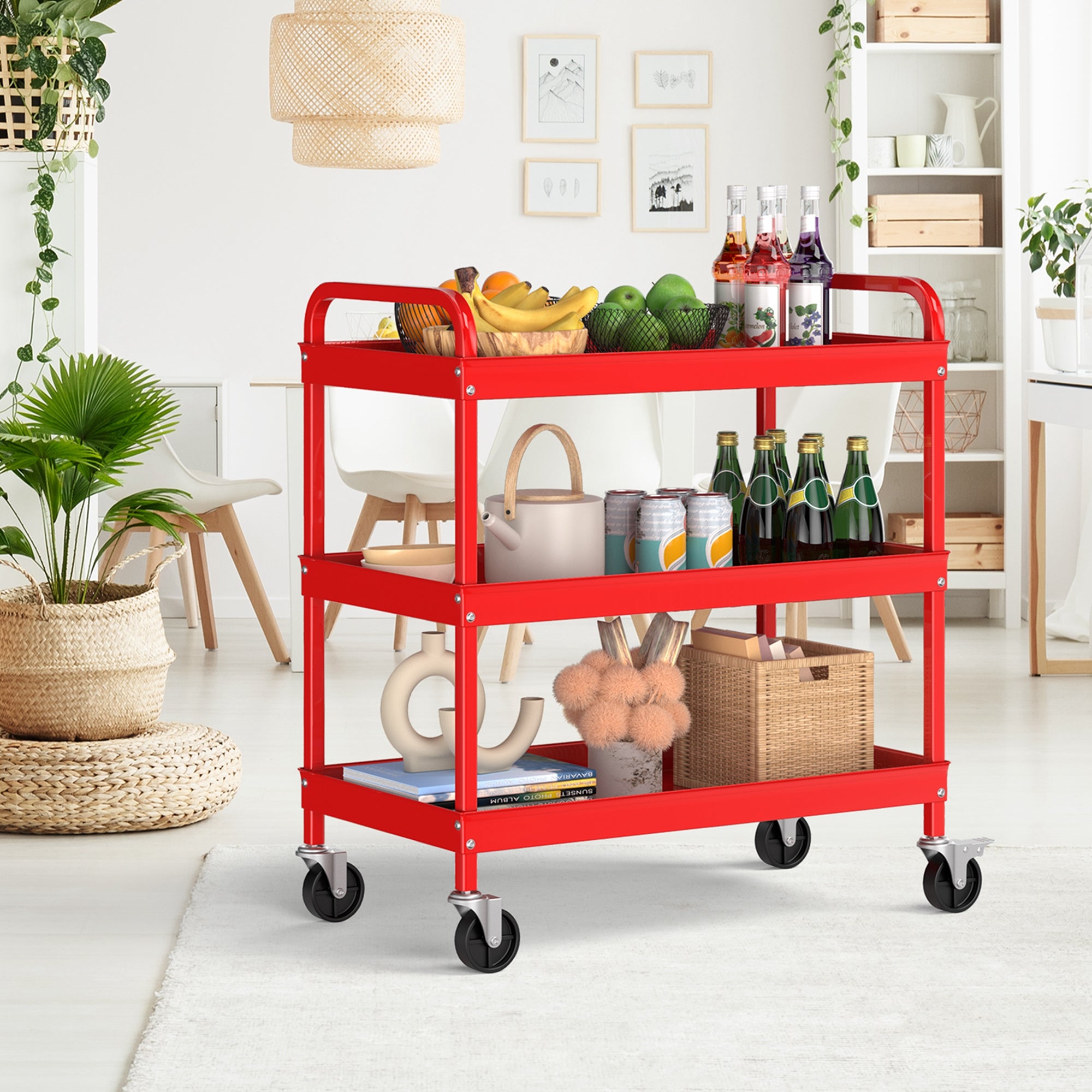 Costway 3-Tier Metal Utility Cart 400 lbs Storage Service Trolley Tool Storage Red