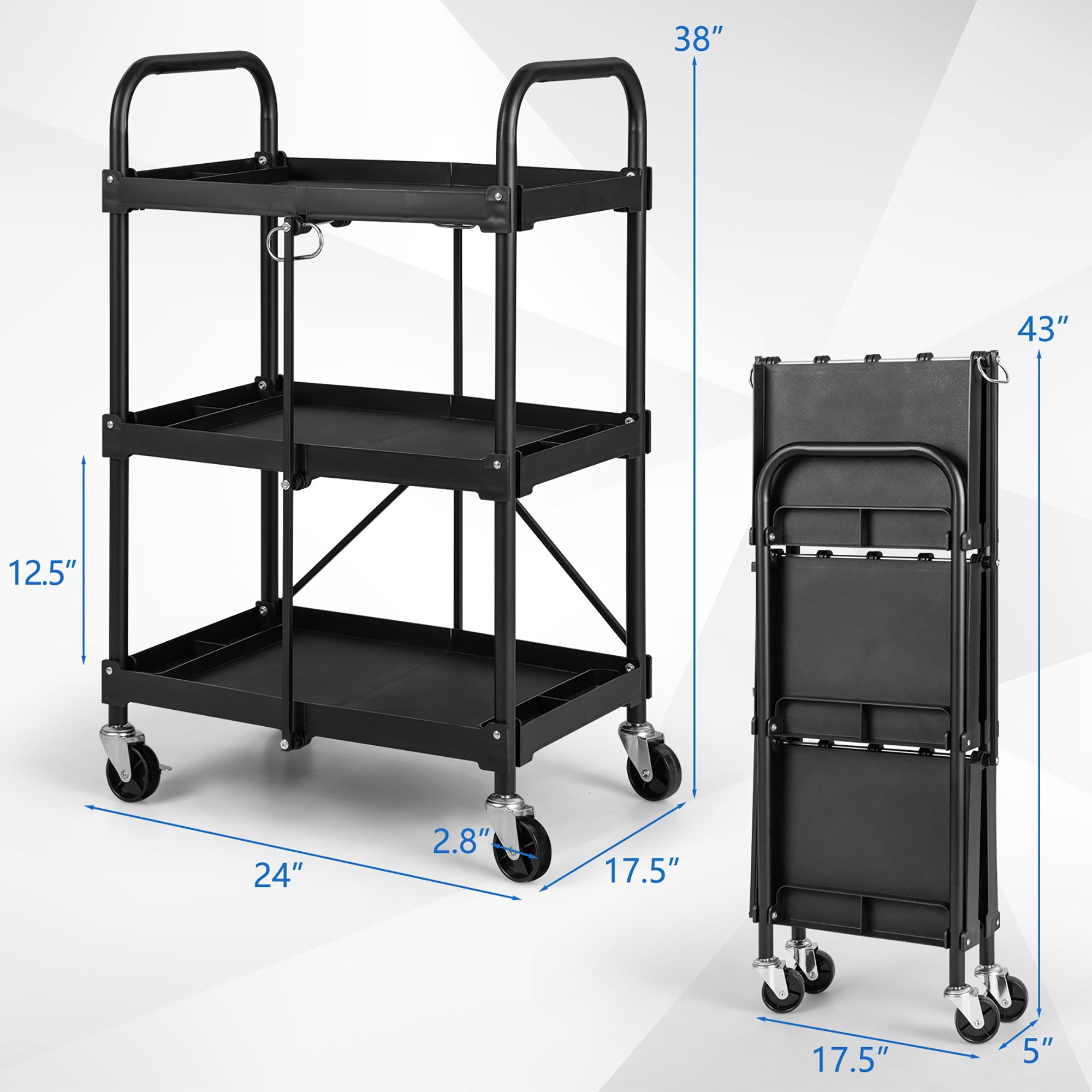 Costway Folding Collapsible Service Cart Heavy-Duty 3-Shelf Tool Cart with 4 Wheels