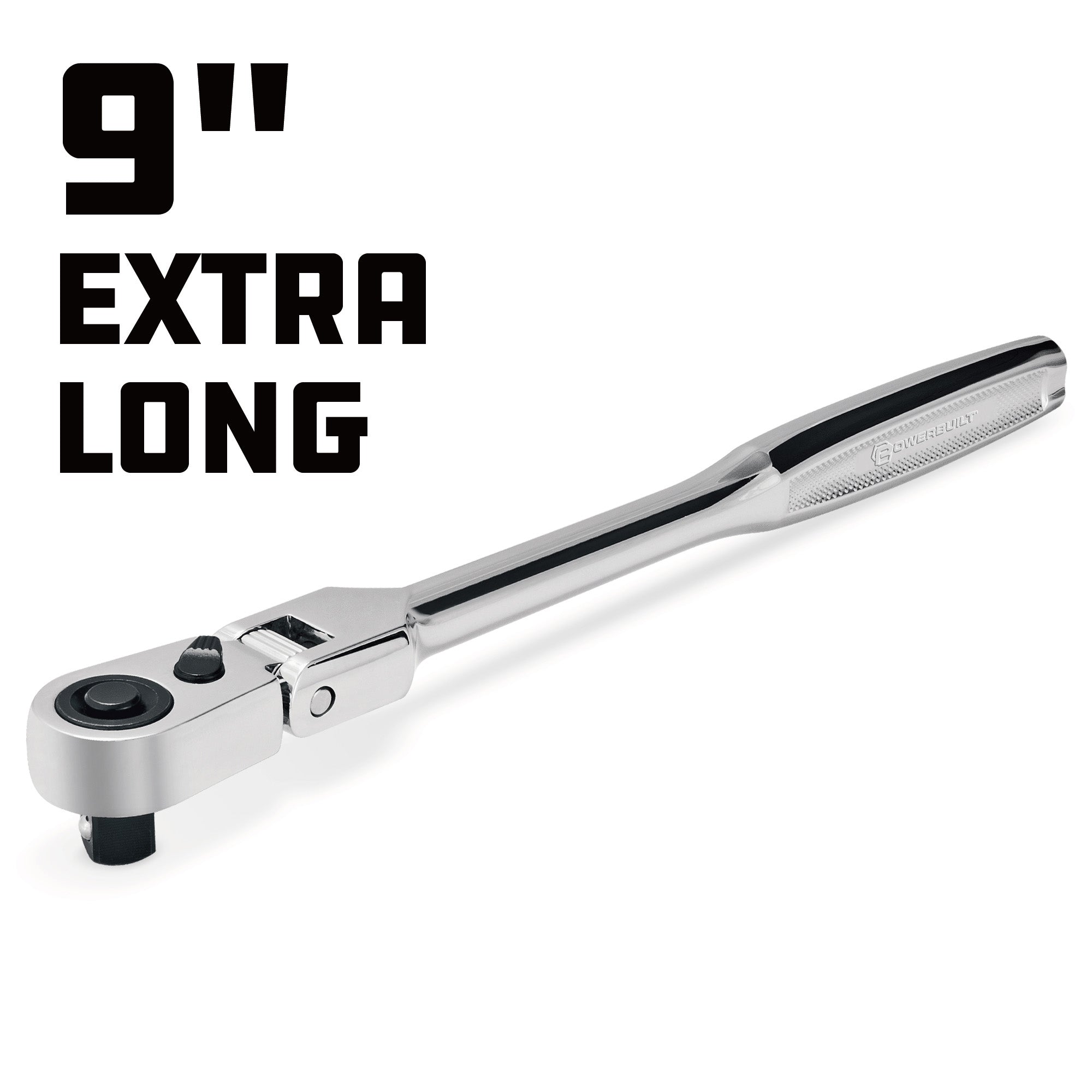 Powerbuilt 3/8 Inch Drive 72 Tooth Pro Tech 9 Inch Long Reach Flex Head Ratchet with Contour Handle - 649952